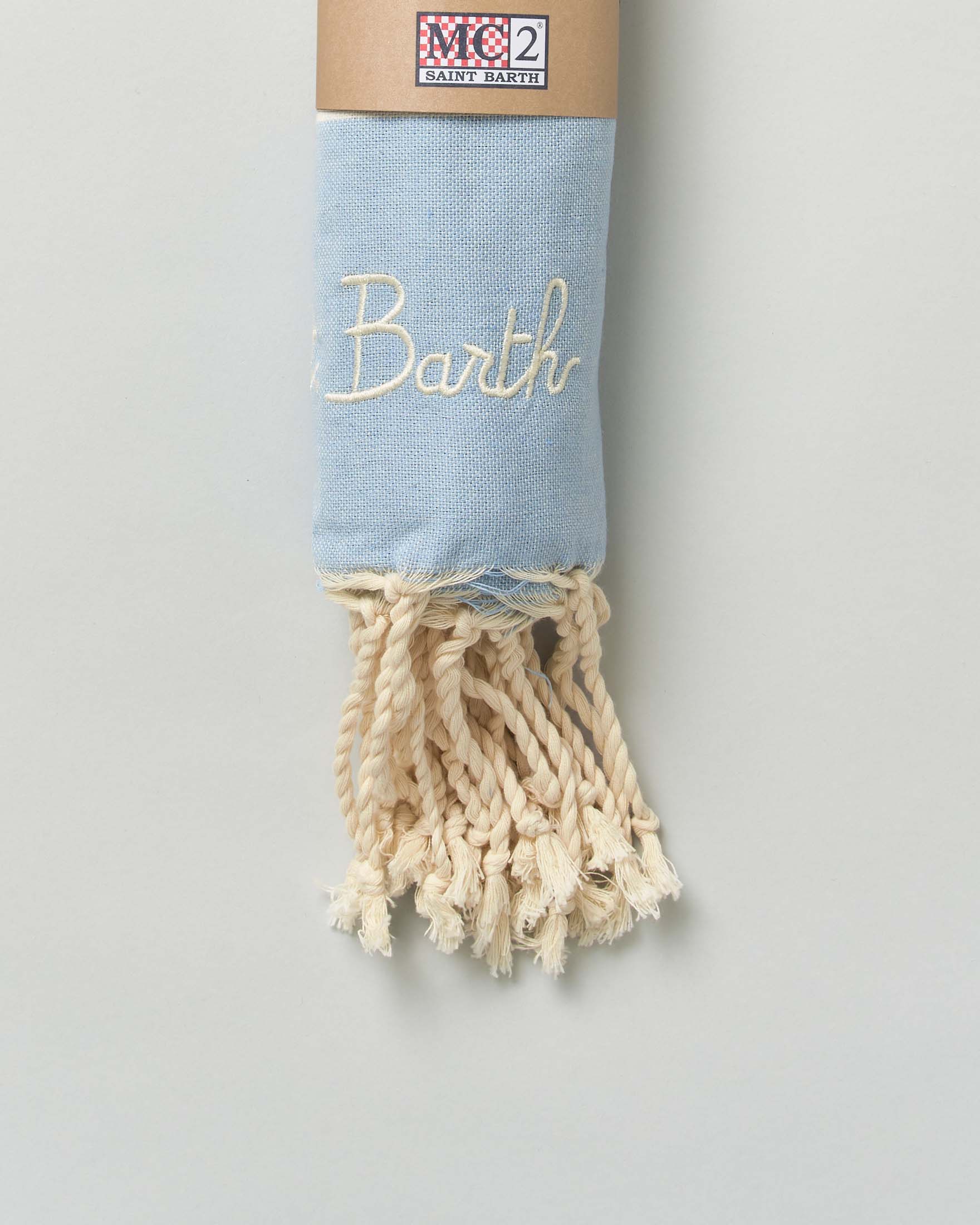 Telo mare MC2 Saint Barth in cotone a righe orizzontali panna e azzurre con frange al fondo e scritta logo ricamata image