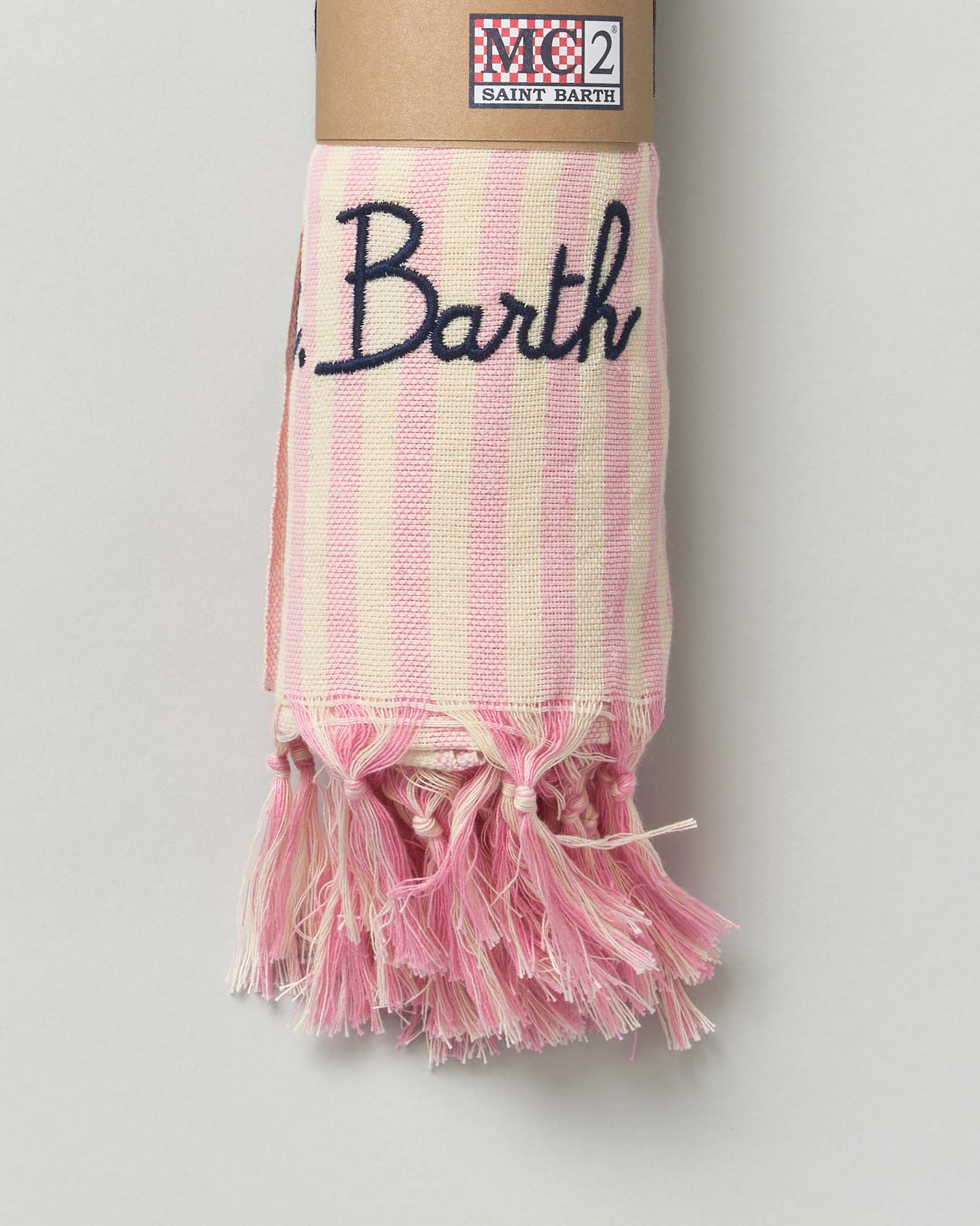 Telo mare MC2 Saint Barth in cotone a righe rosa e panna verticali con frange al fondo e scritta logo ricamata image