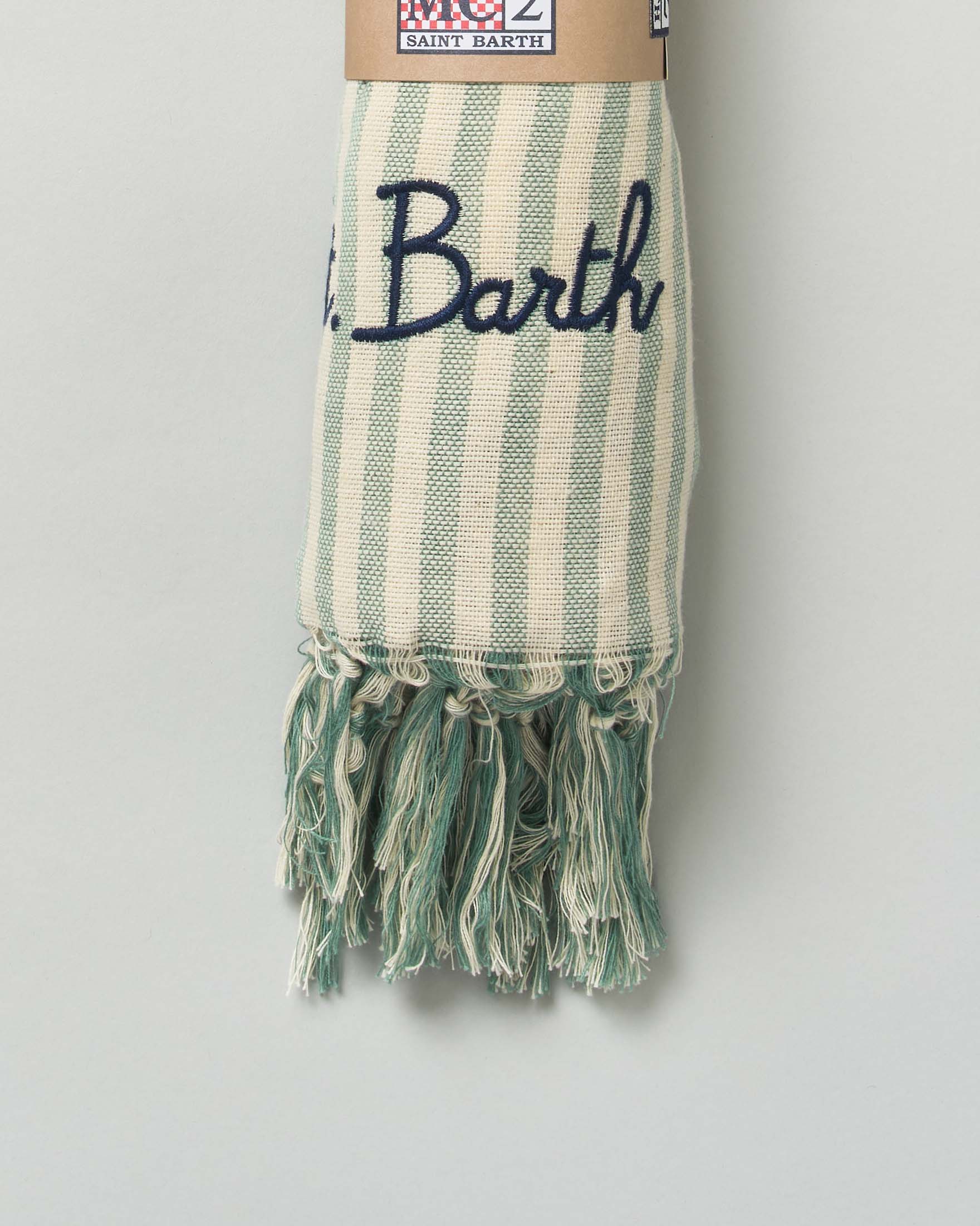 Telo mare MC2 Saint Barth in cotone a righe salvia e panna verticali con frange al fondo e scritta logo ricamata image