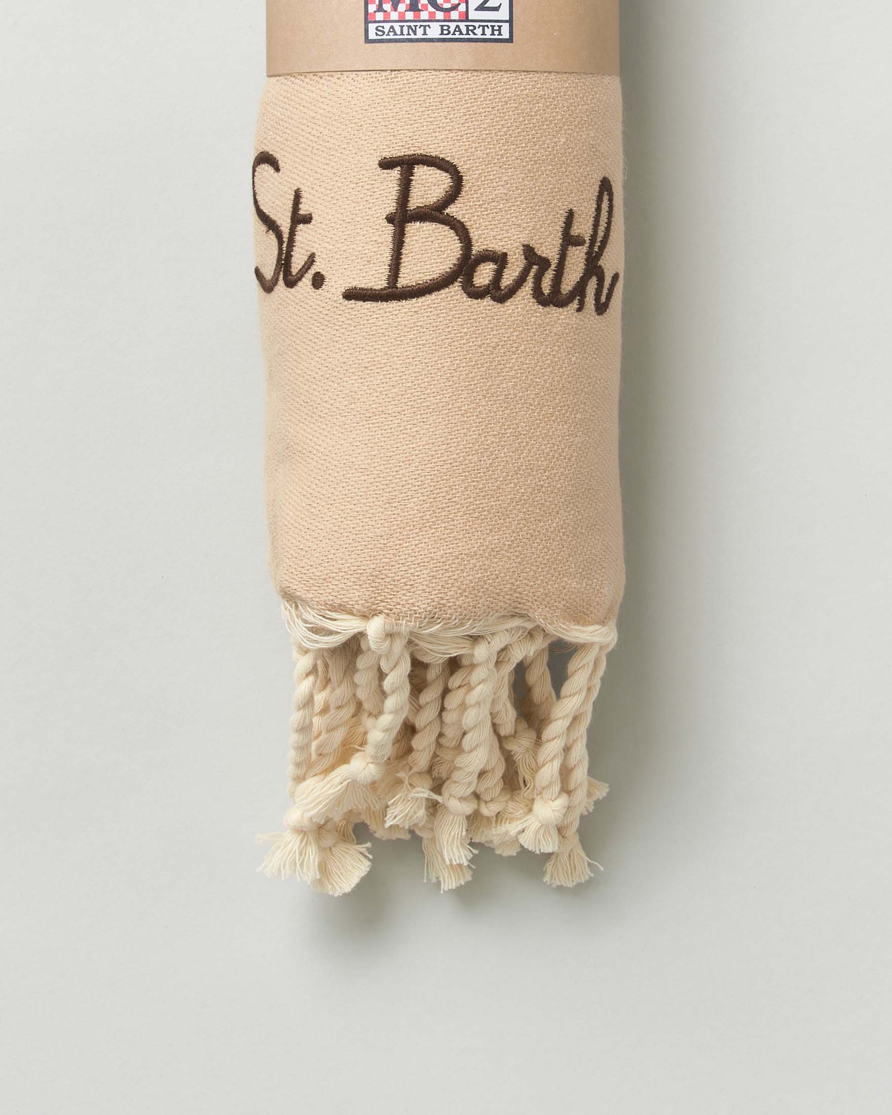 Telo mare MC2 Saint Barth beige in cotone a fantasia bandana con frange al fondo e scritta logo ricamata image