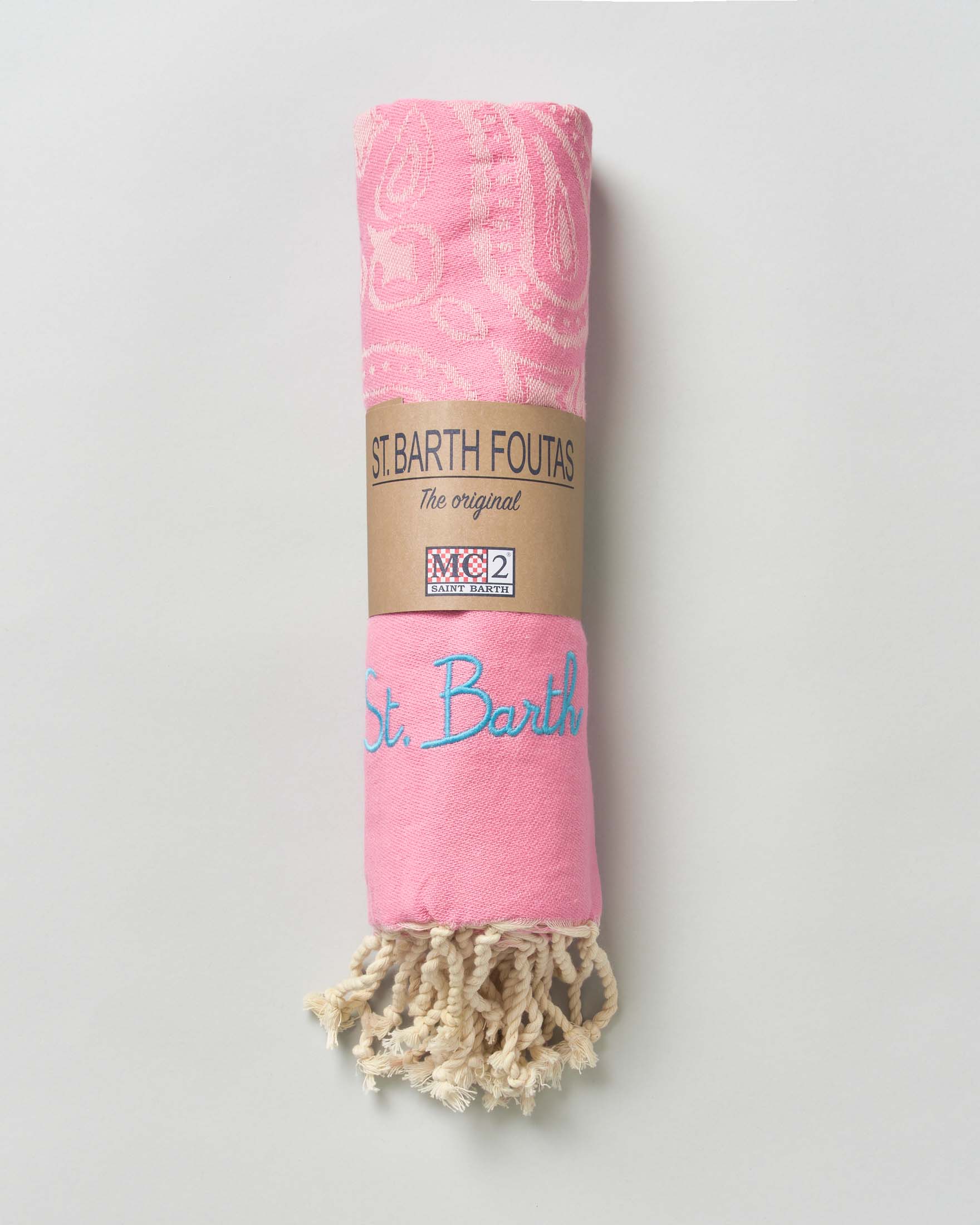 Telo mare MC2 Saint Barth rosa in cotone a fantasia bandana con frange al fondo e scritta logo ricamata
