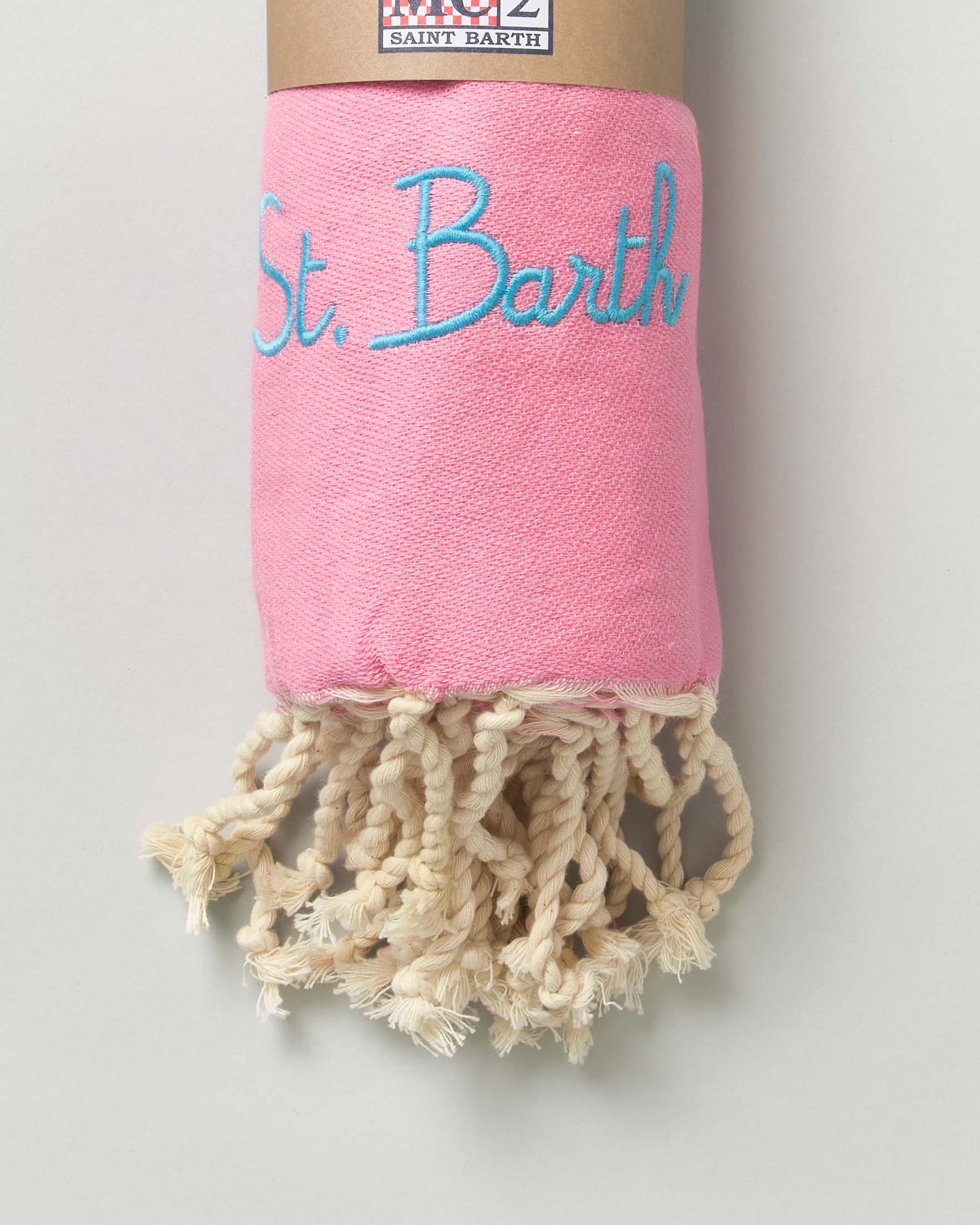 Telo mare MC2 Saint Barth rosa in cotone a fantasia bandana con frange al fondo e scritta logo ricamata image