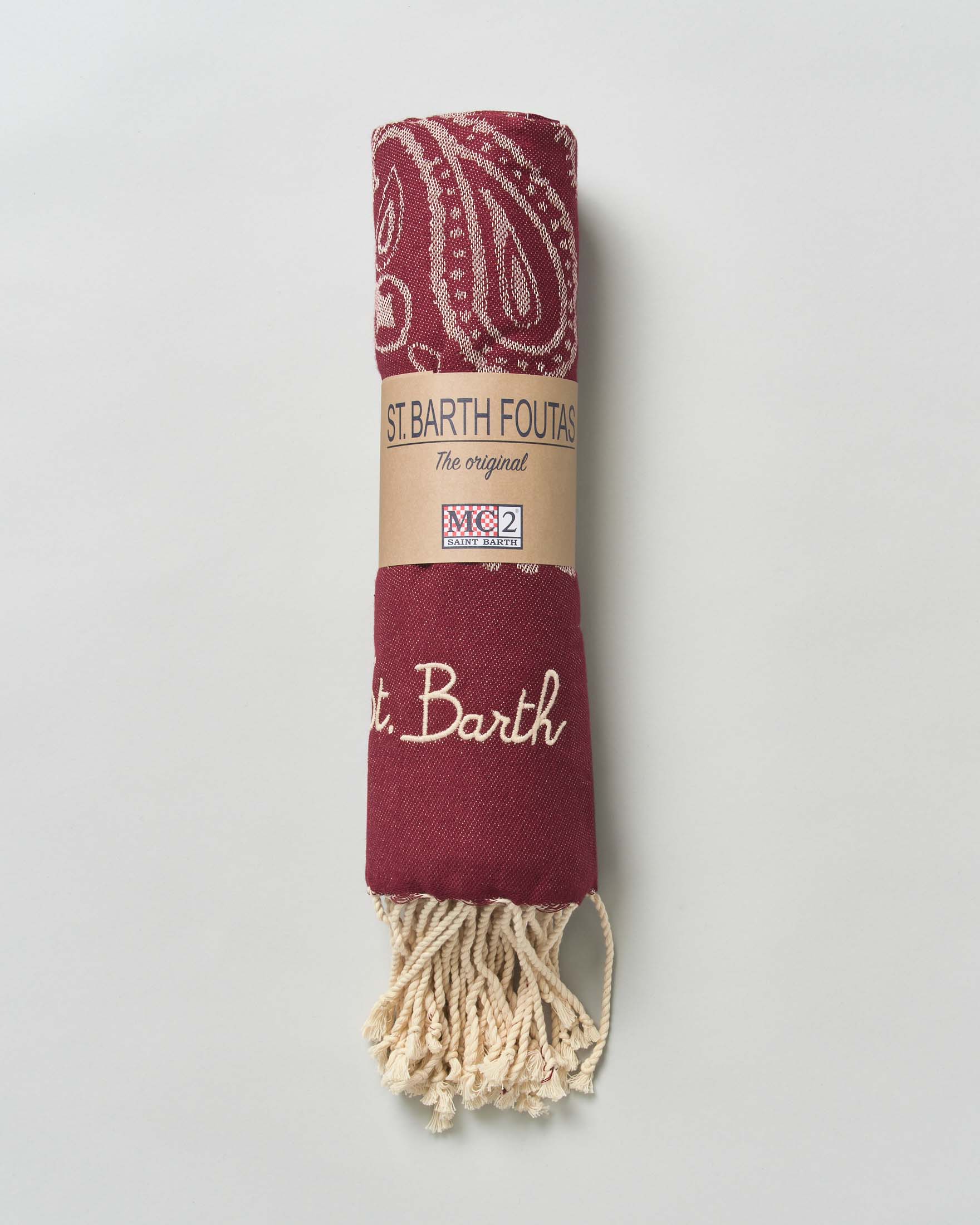 Telo mare MC2 Saint Barth bordeaux in cotone a fantasia bandana con frange al fondo e scritta logo ricamata