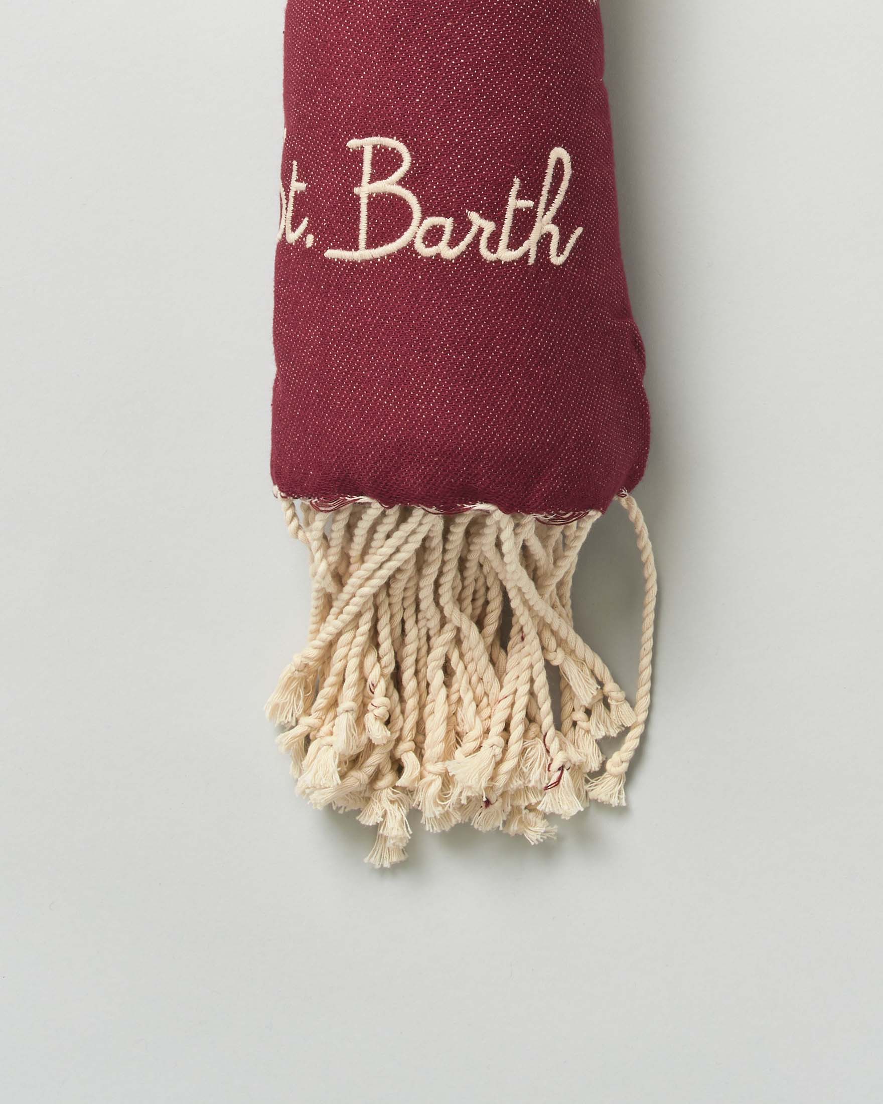 Telo mare MC2 Saint Barth bordeaux in cotone a fantasia bandana con frange al fondo e scritta logo ricamata image