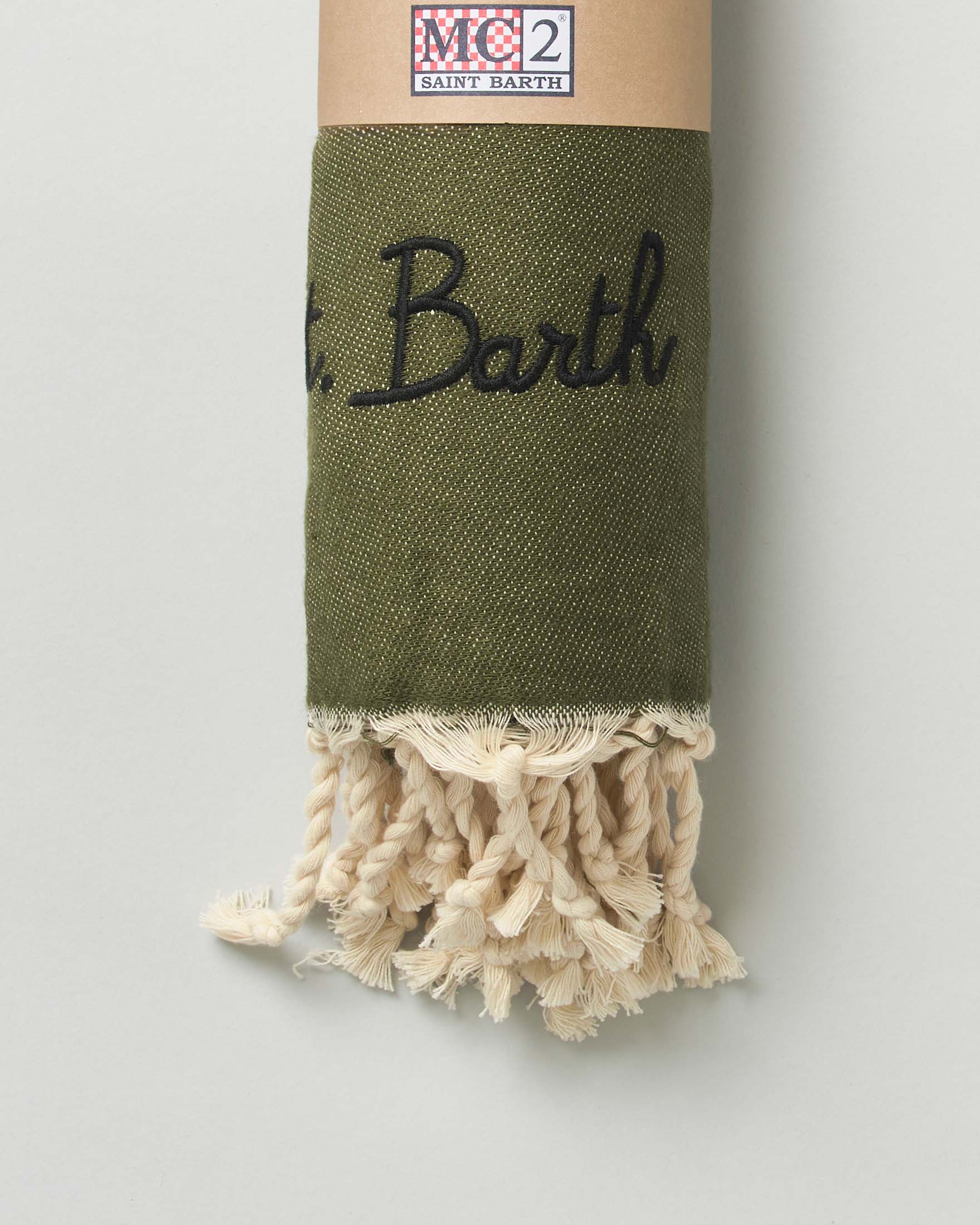 Telo mare MC2 Saint Barth verde militare in cotone a fantasia bandana con frange al fondo e scritta logo ricamata image