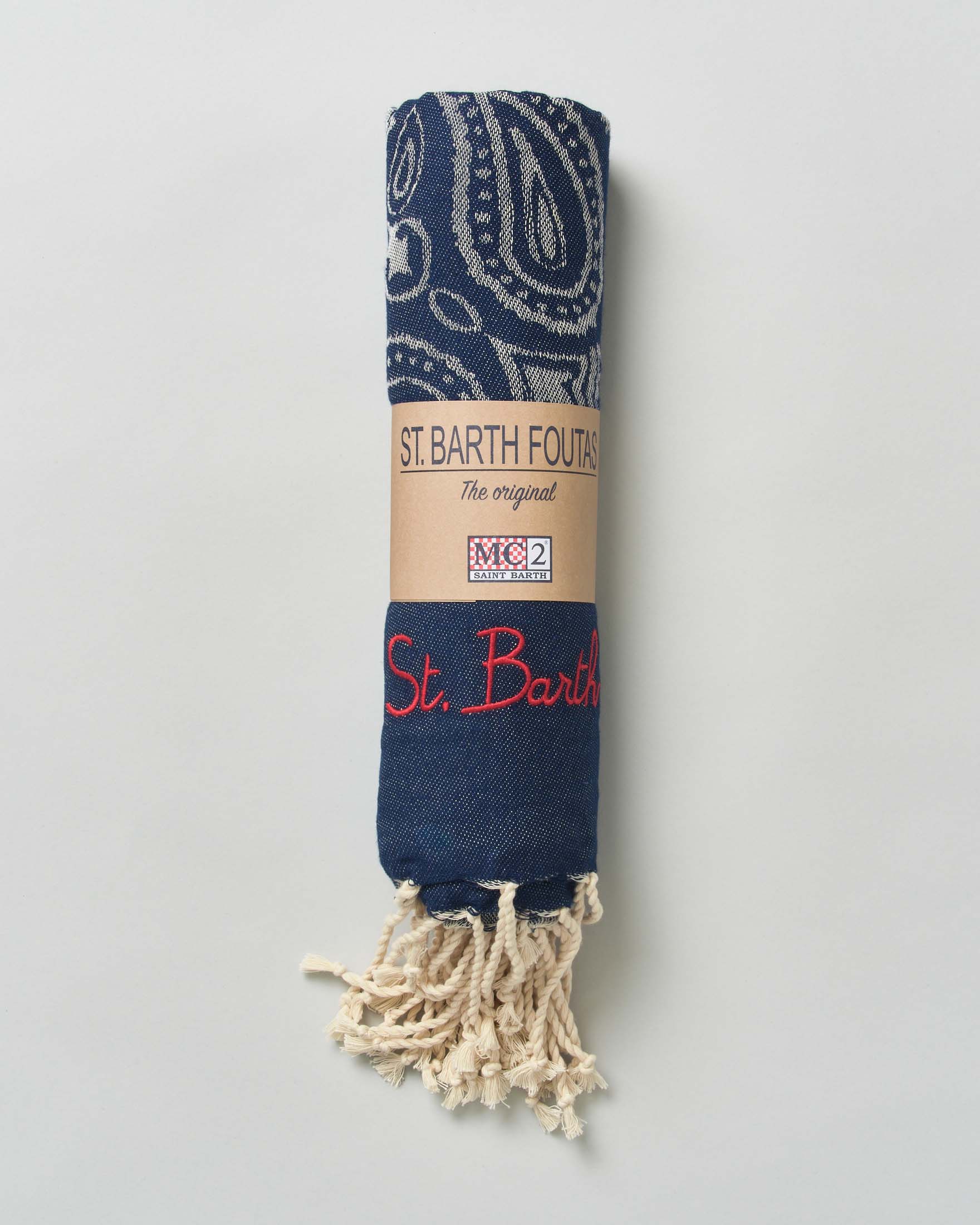 Telo mare MC2 Saint Barth blu in cotone a fantasia bandana con frange al fondo e scritta logo ricamata