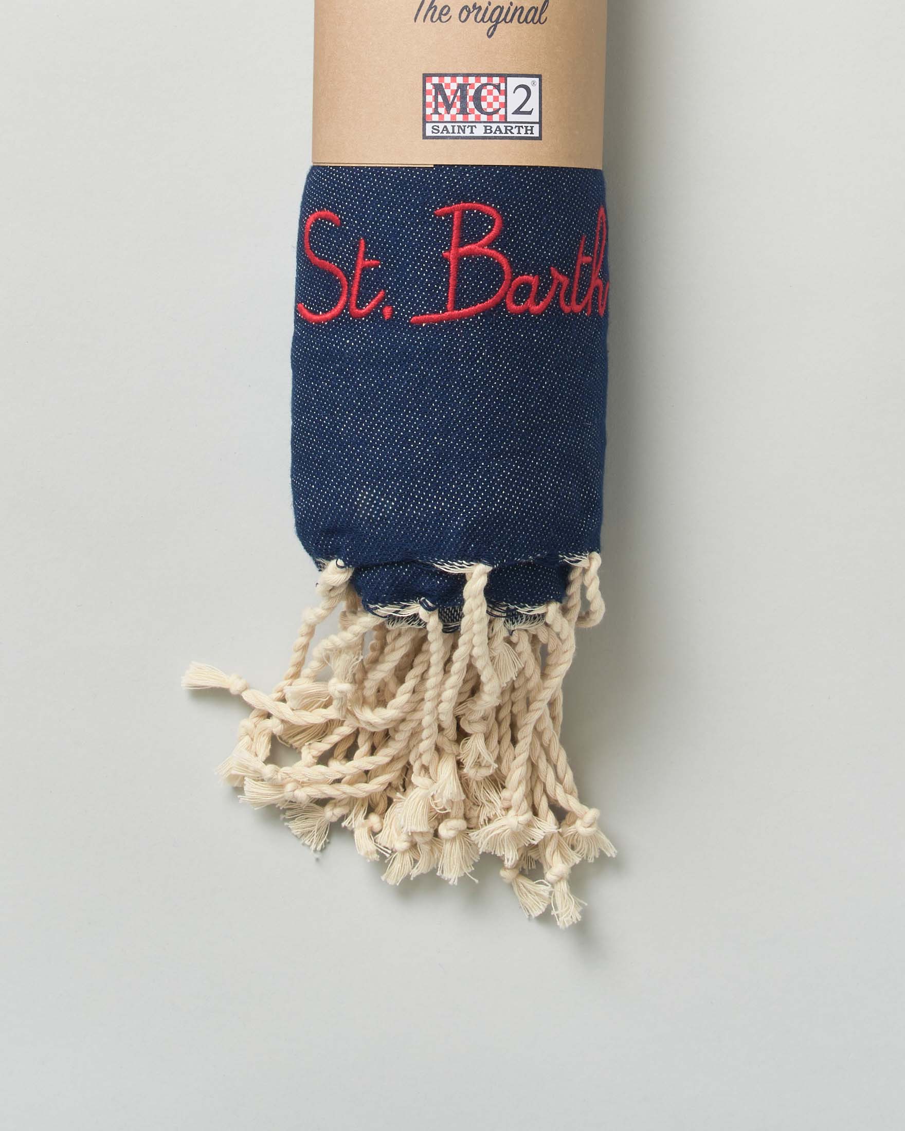 Telo mare MC2 Saint Barth blu in cotone a fantasia bandana con frange al fondo e scritta logo ricamata image