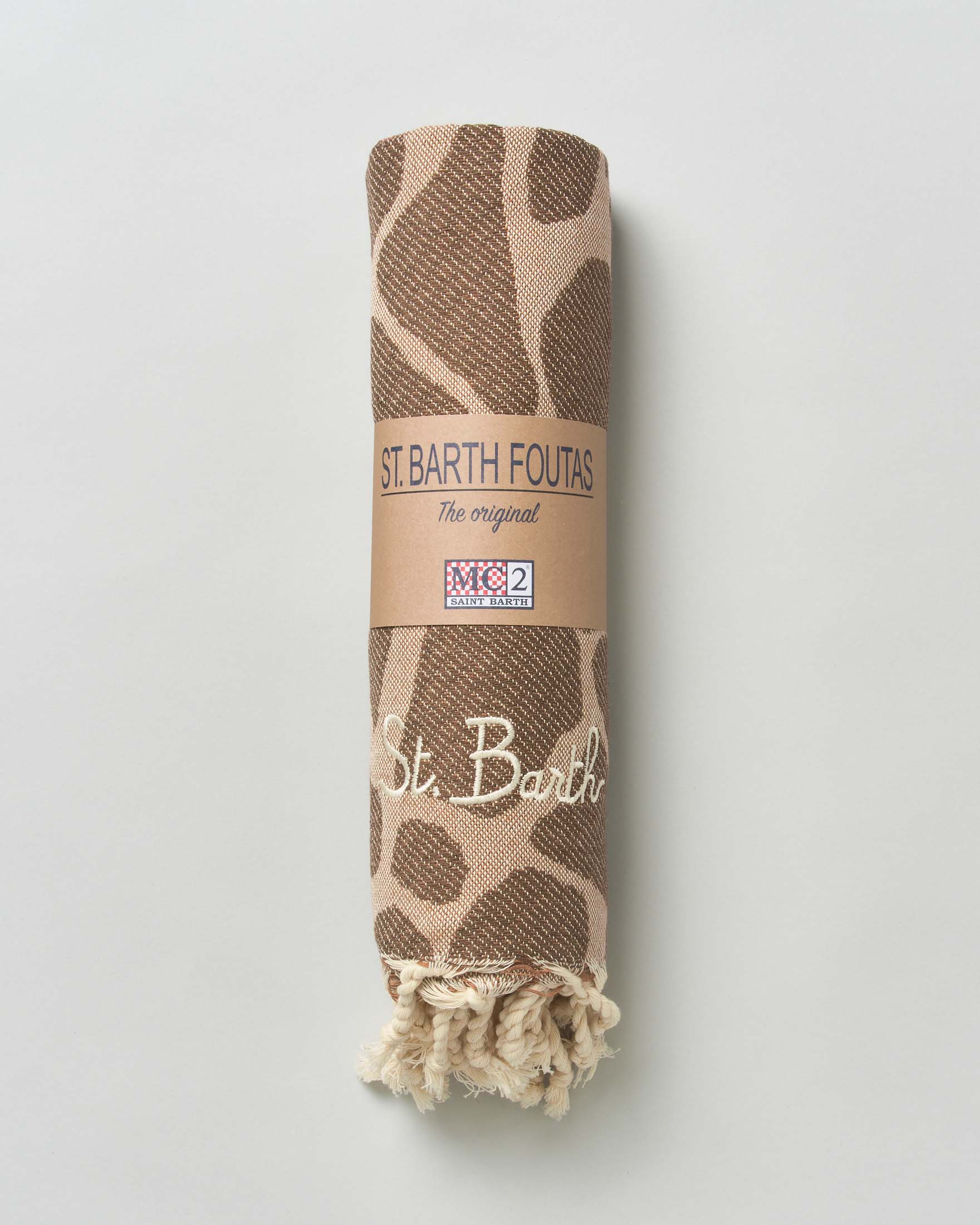 Telo mare MC2 Saint Barth fango in cotone a fantasia jacquard animalier con frange al fondo e scritta logo ricamata