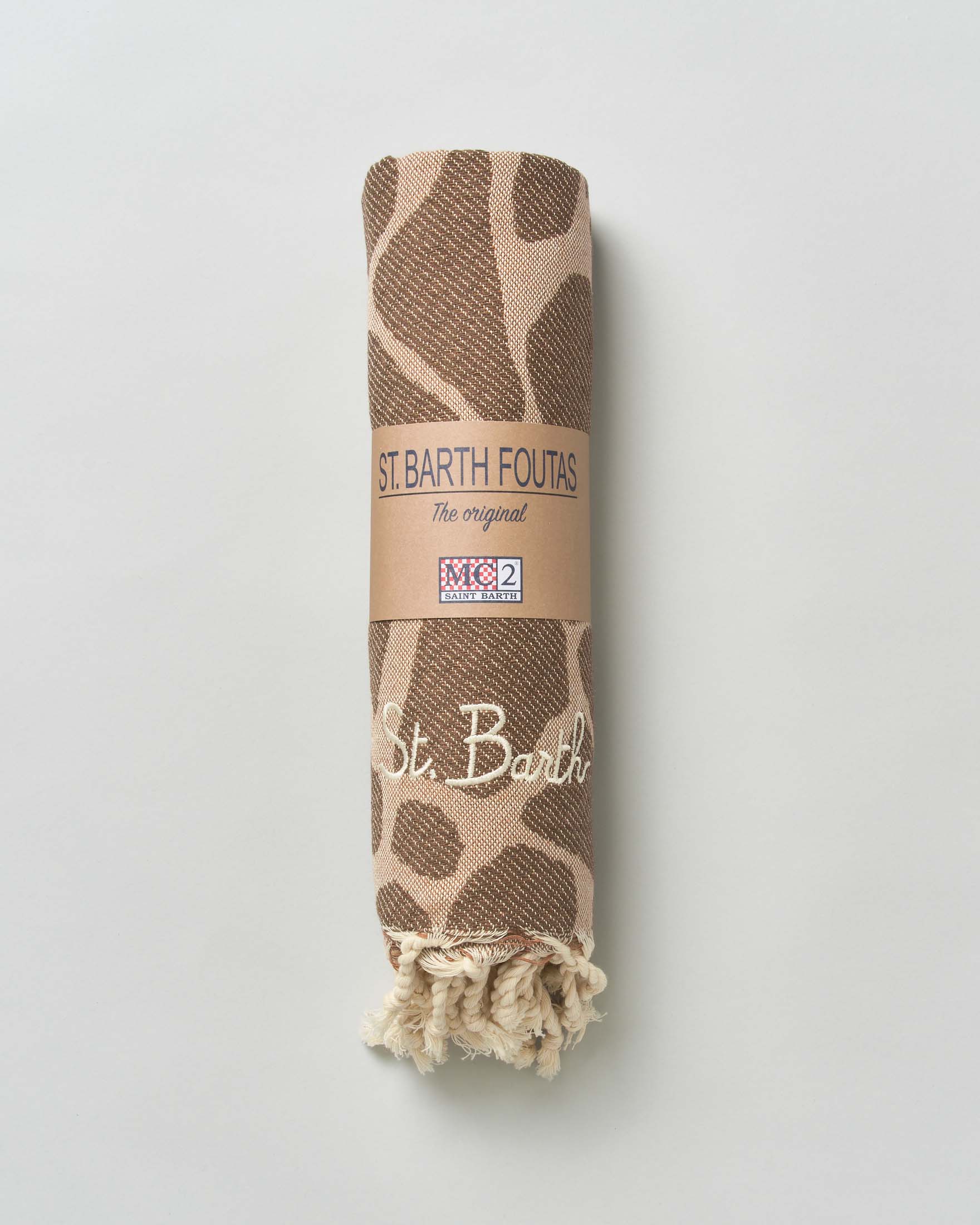 Telo mare MC2 Saint Barth fango in cotone a fantasia jacquard animalier con frange al fondo e scritta logo ricamata image