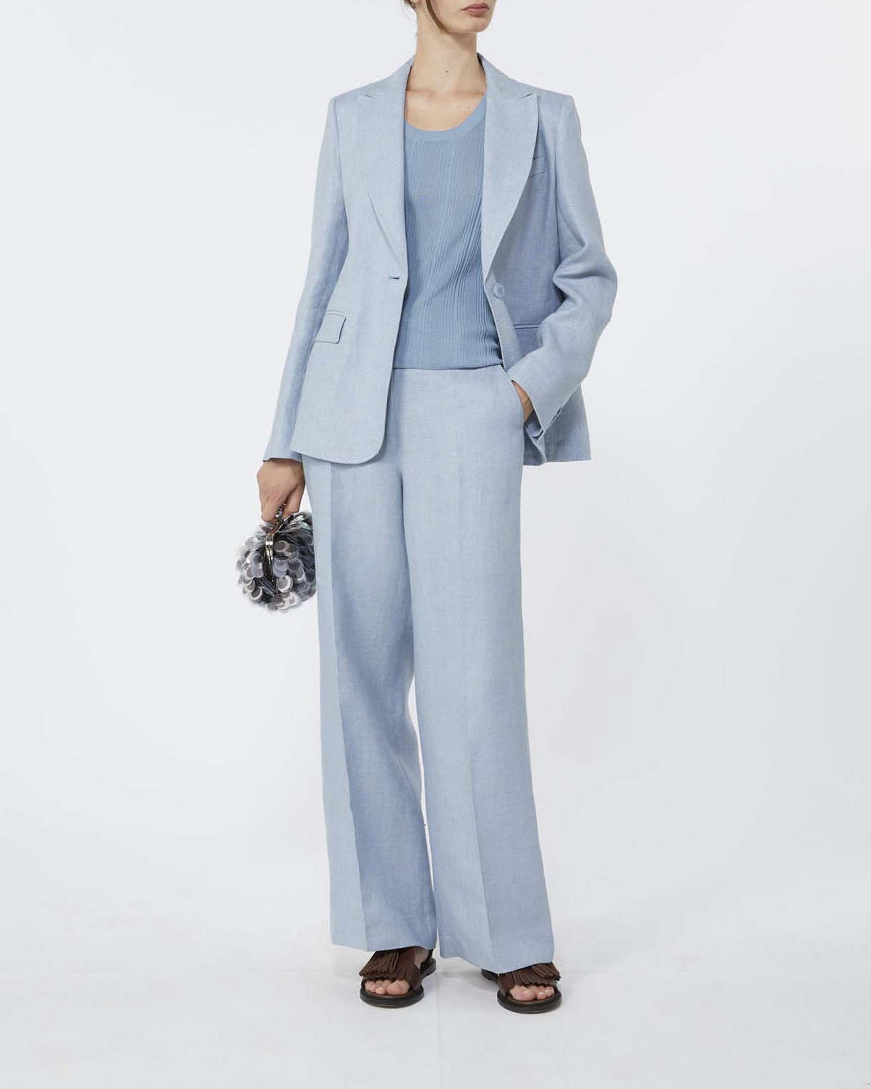 Pantaloni azzurri Weekend Max Mara in lino dalla linea dritta ampia