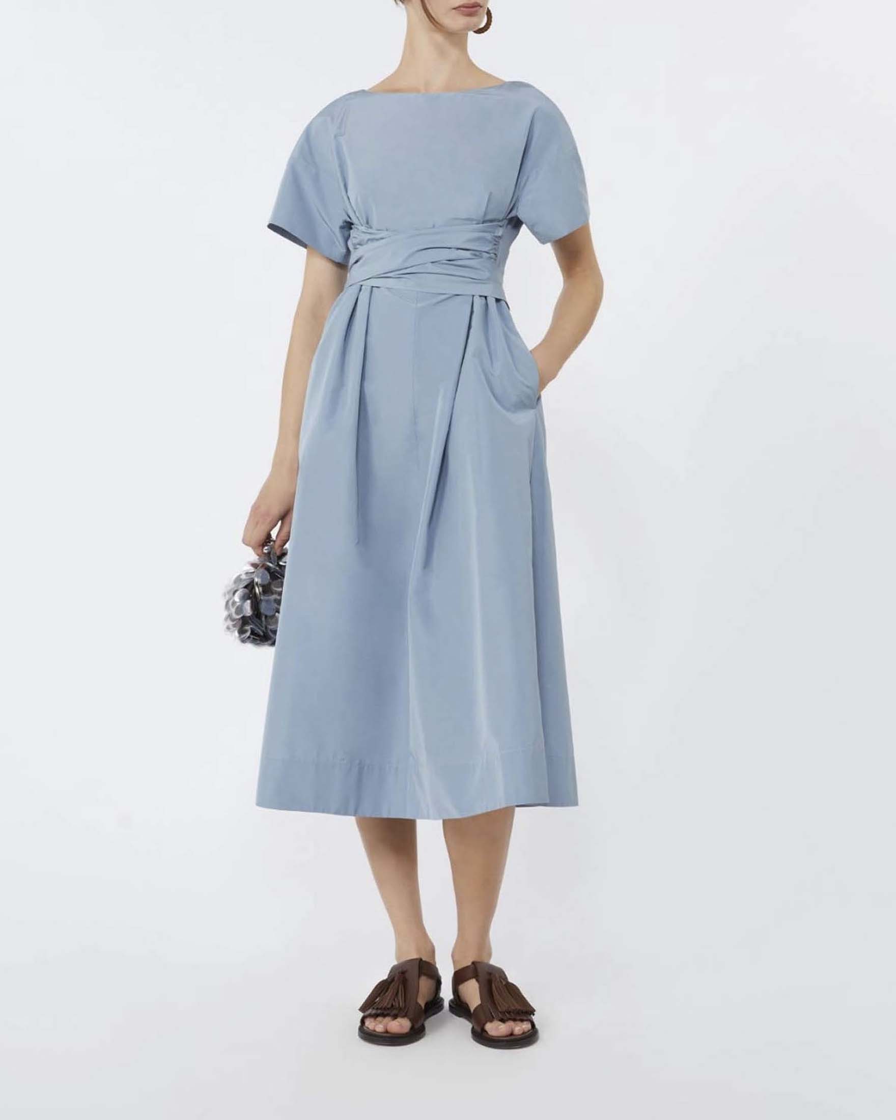 Abito midi azzurro Weekend Max Mara dal taglio svasato in taffetà di cotone a maniche corte