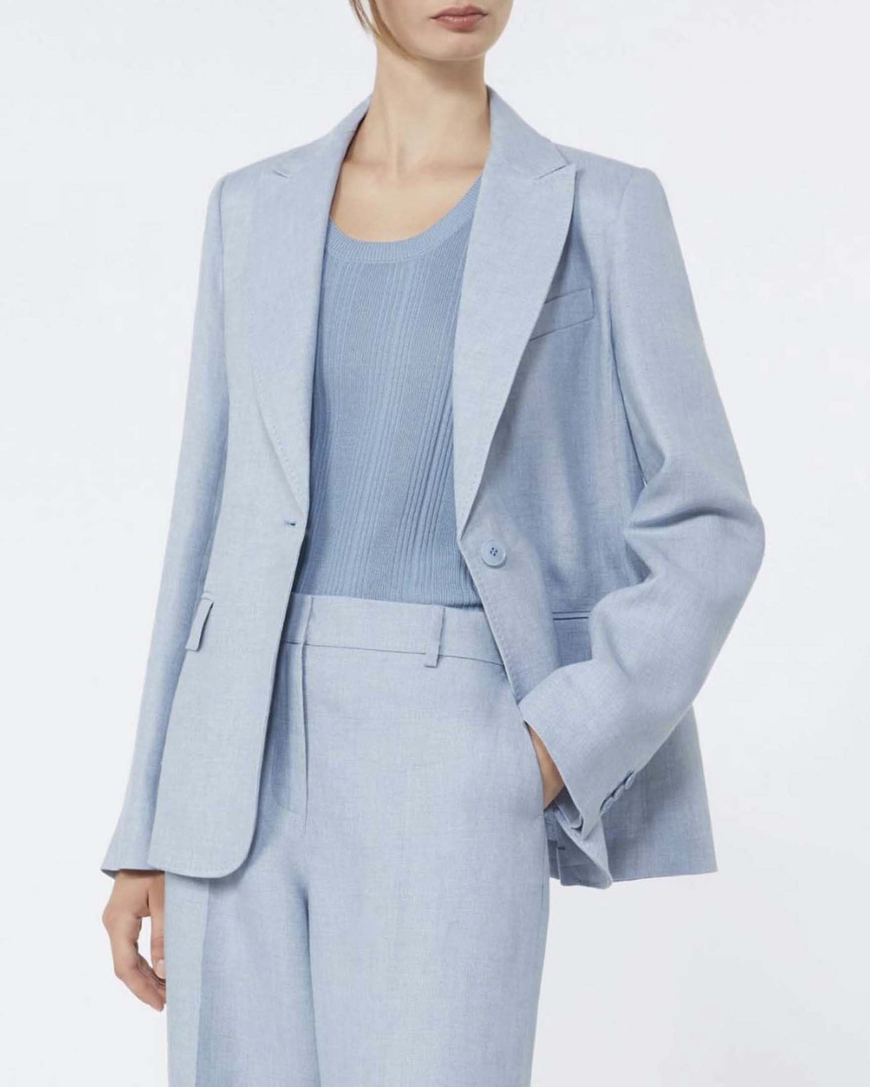 Blazer monopetto azzurro Weekend Max Mara in lino con tasche a filetto con patta e spacco posteriore