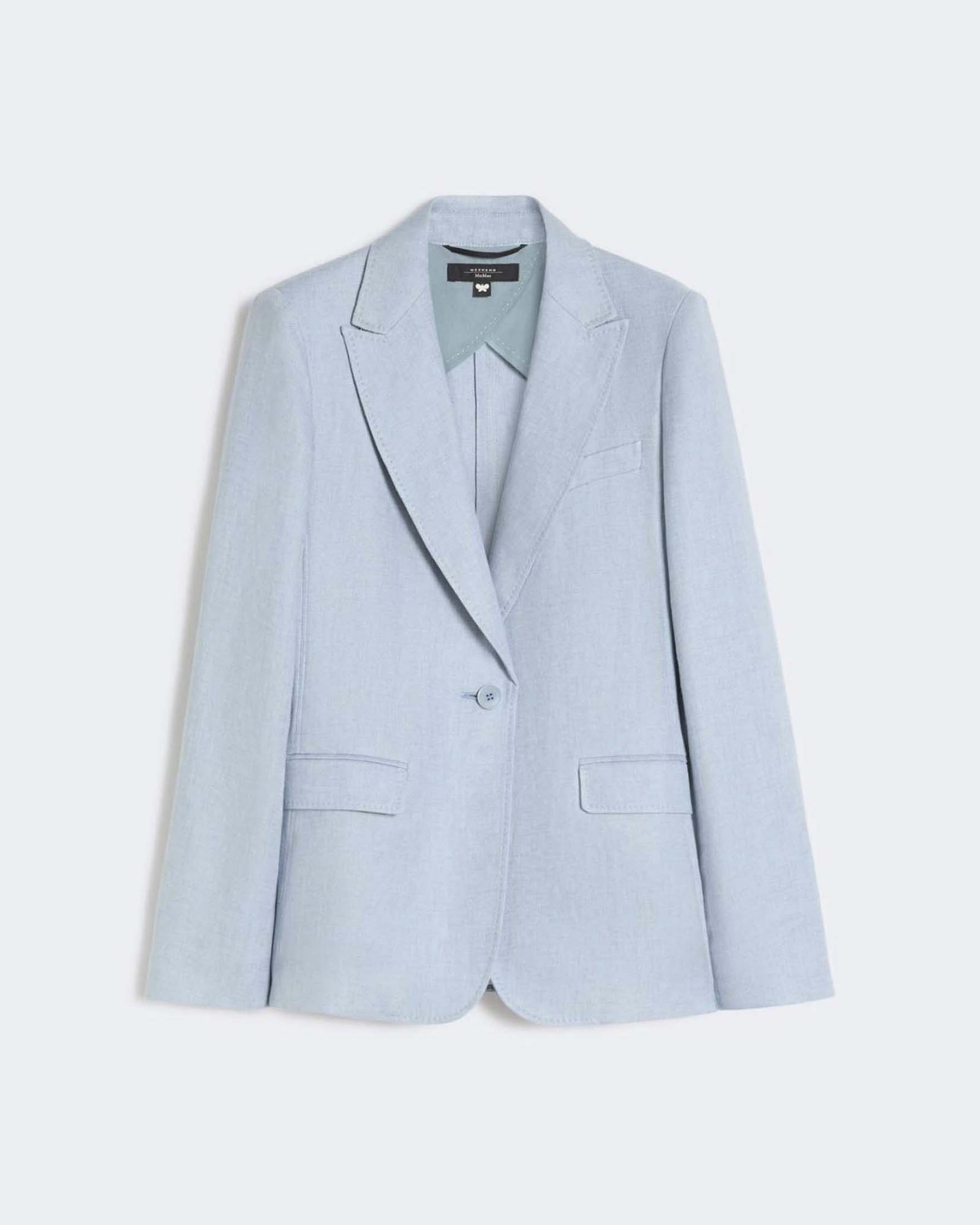Weekend Max Mara — Blazer monopetto azzurro Weekend Max Mara in lino con tasche a filetto con patta e spacco posteriore