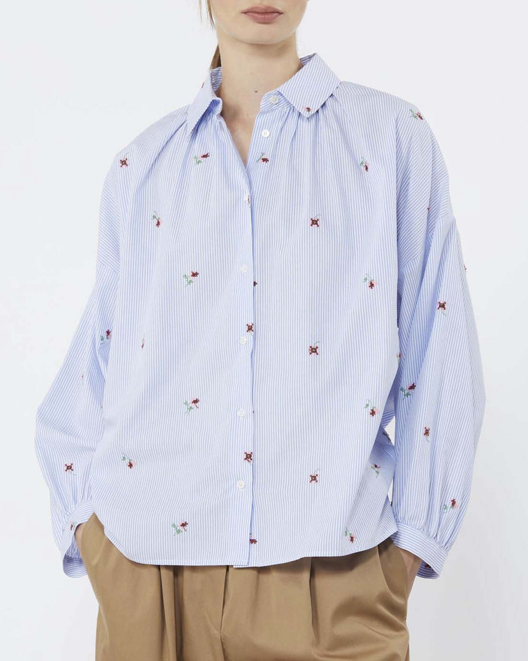 Camicia a mezze maniche Weekend azzurra a righe in cotone con fiori ricamati e arricciature