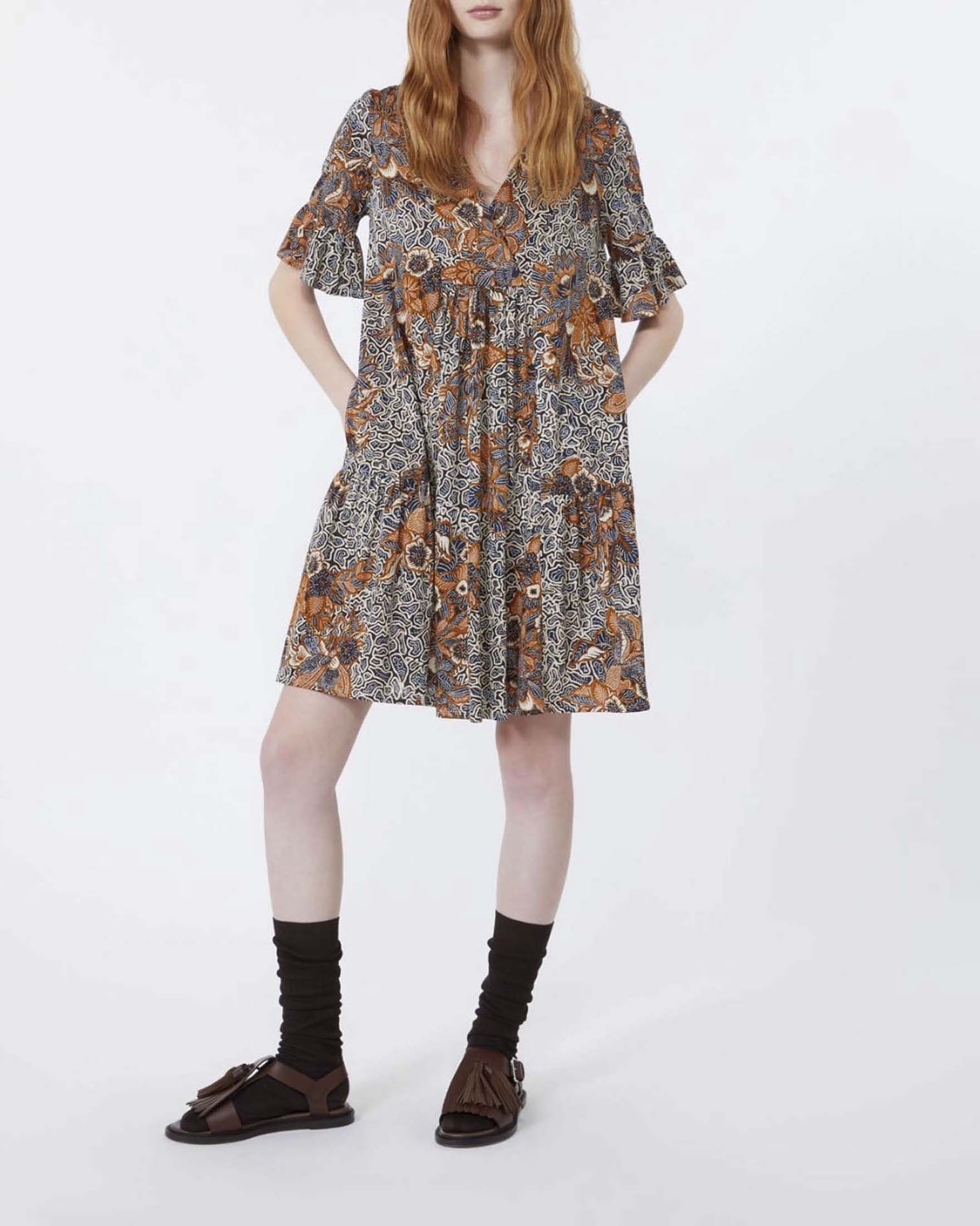 Abito corto kaftano Weekend Max Mara blu in cotone con balze e stampa floreale all over