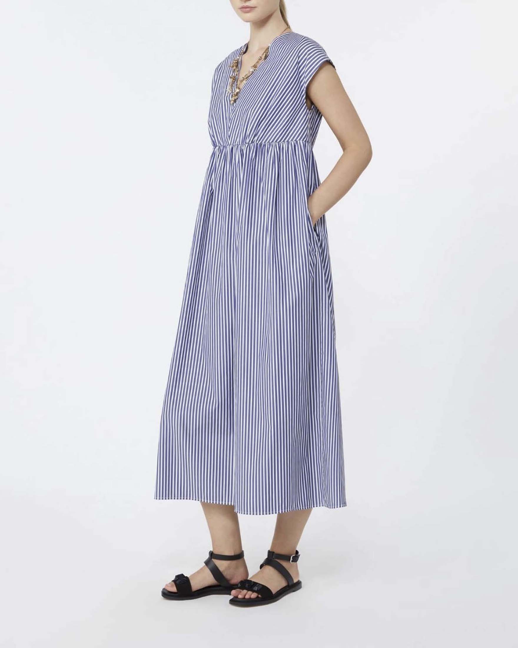 Abiti lungo svasato Weekend Max Mara in popeline a righe blu con scollo a V e maniche ad aletta