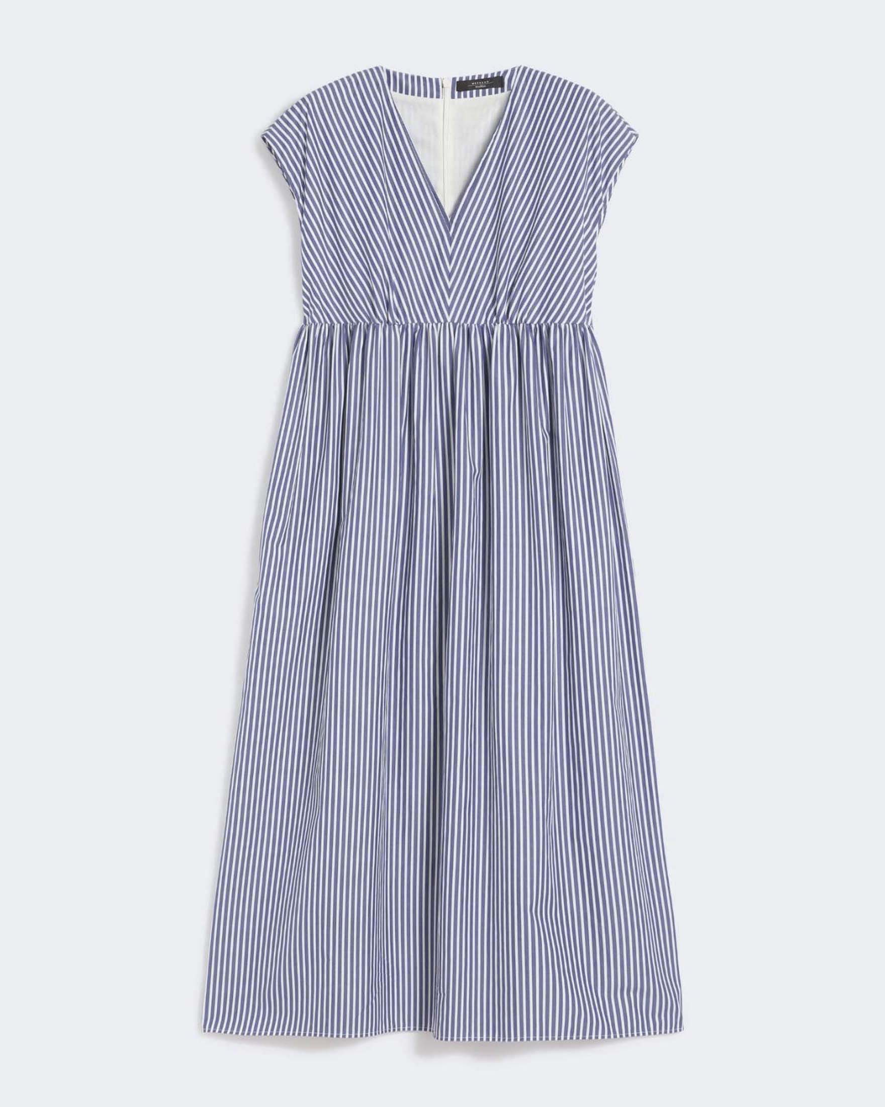Abiti lungo svasato Weekend Max Mara in popeline a righe blu con scollo a V e maniche ad aletta