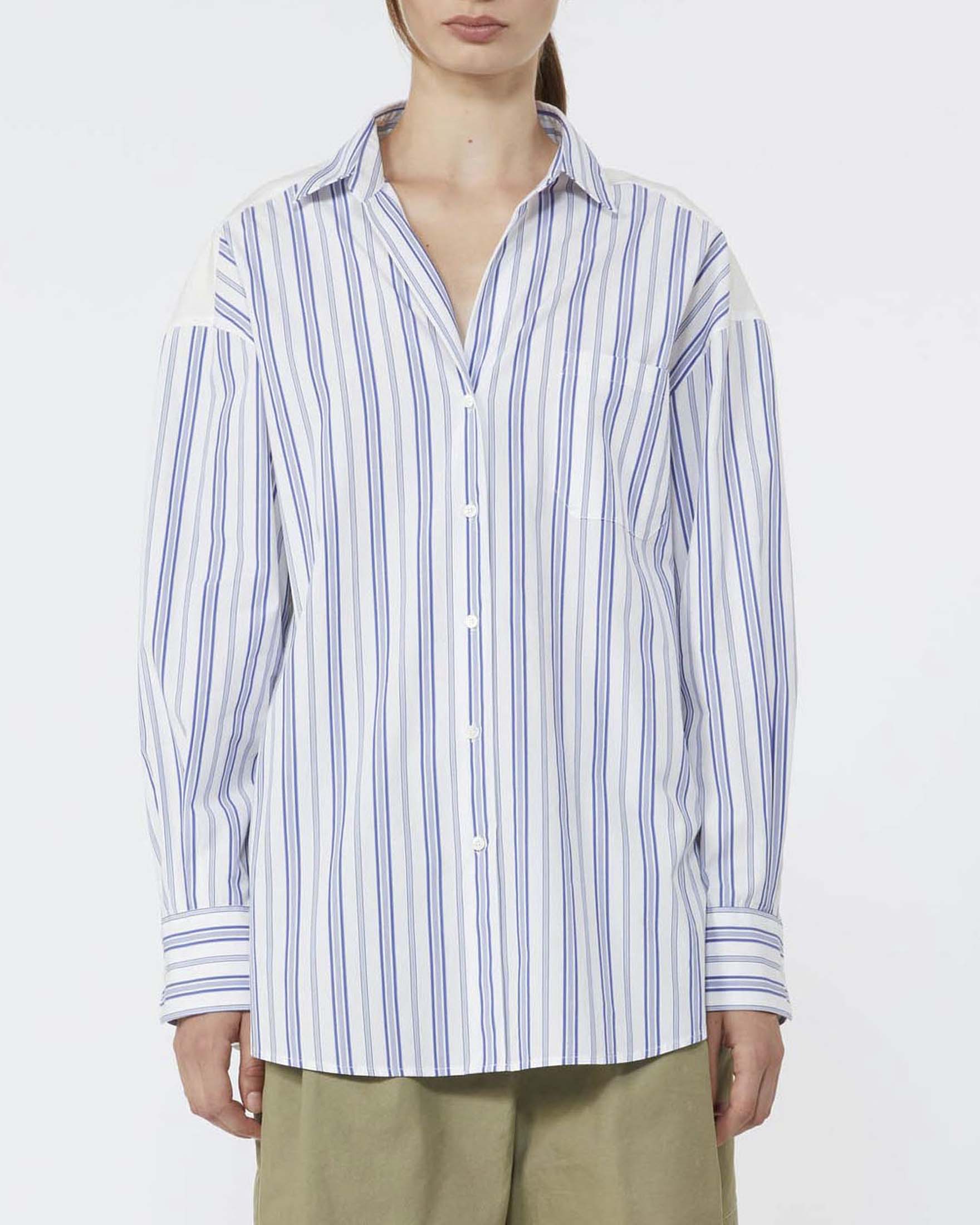Camicia Weekend bianca in cotone a righe azzurre e inserto in pizzo sangallo sul retro