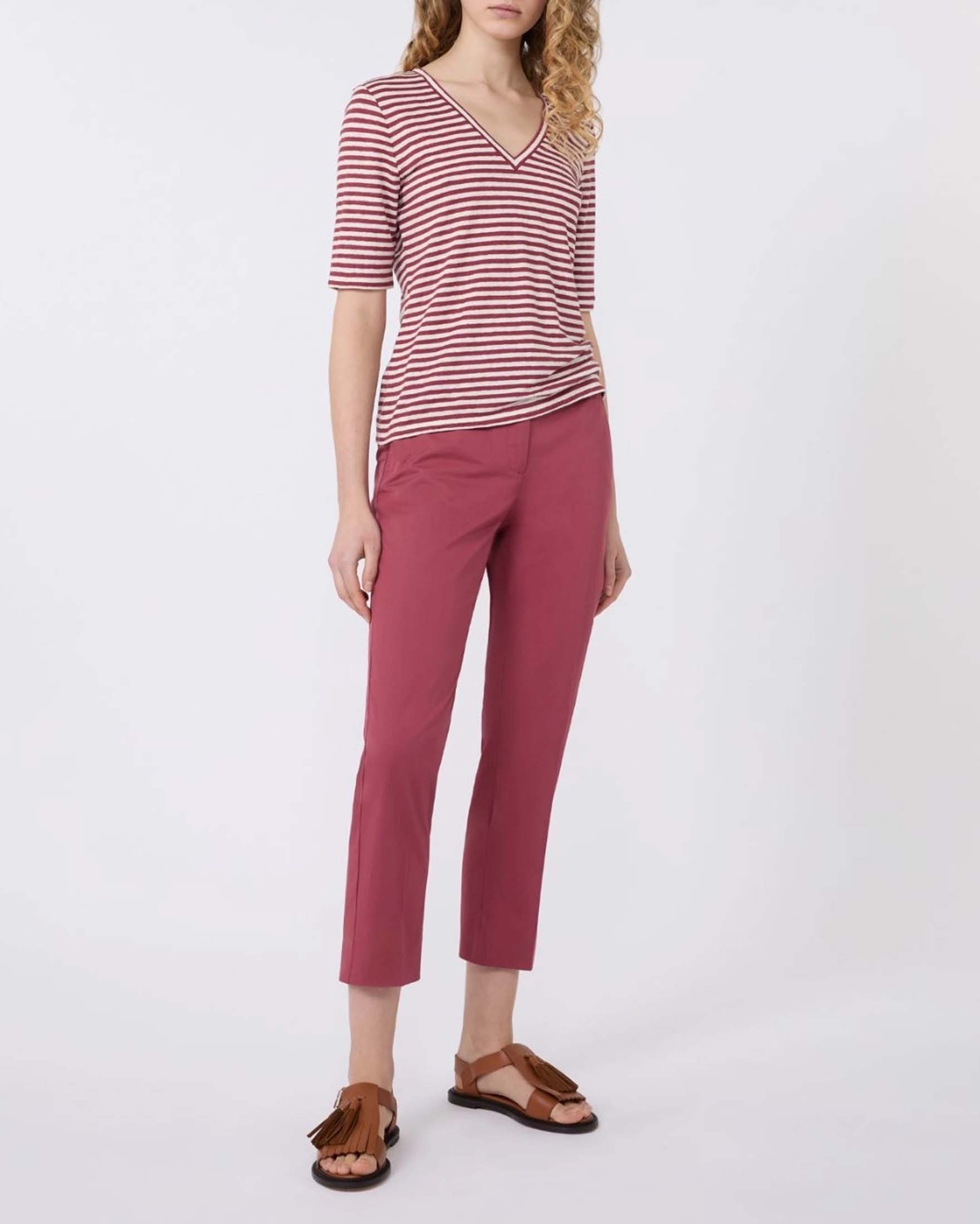 T-shirt maniche corte Weekend Max Mara in lino rubino a righe bianche con scollo a V