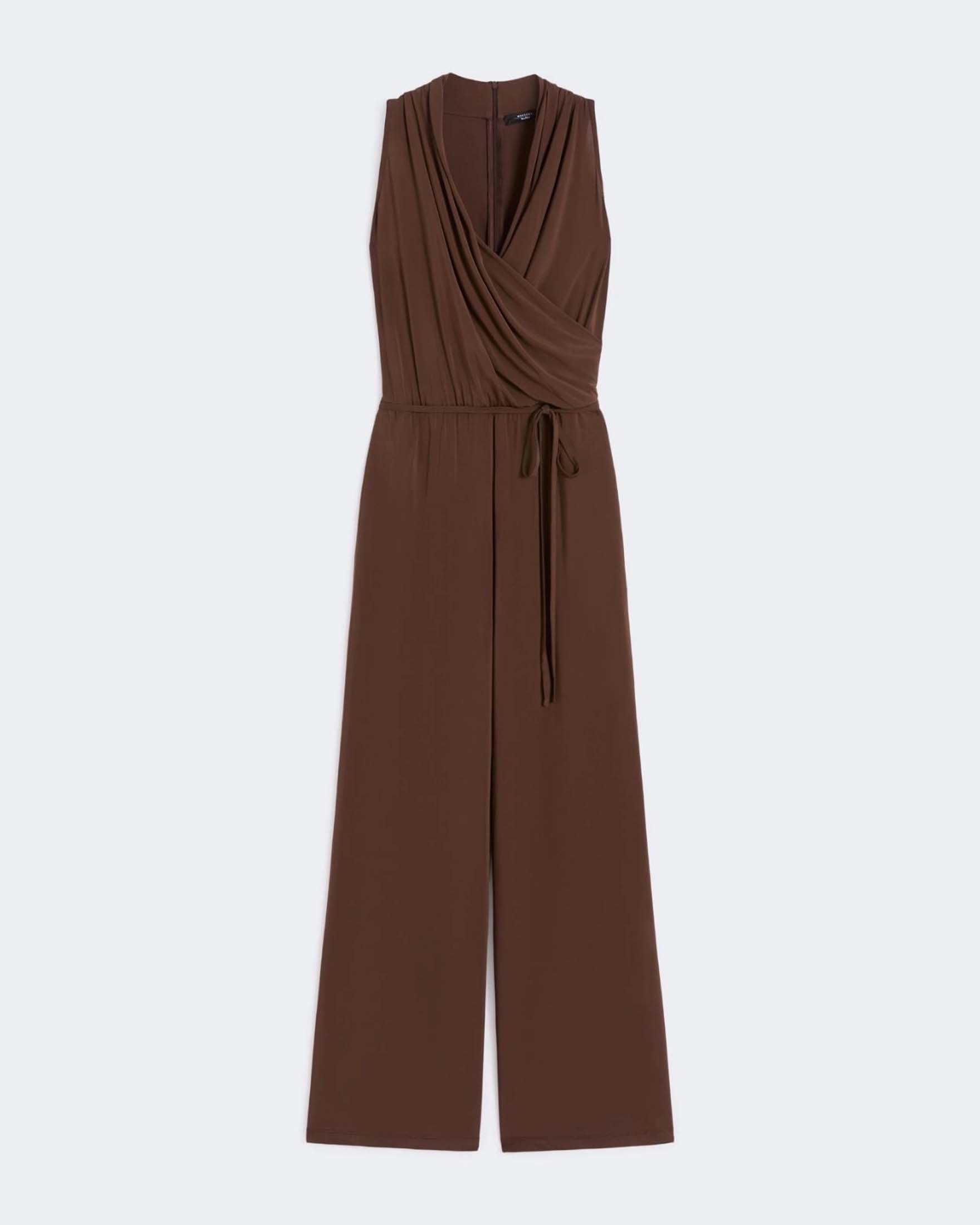 Tuta smanicata Weekend Max Mara marrone in viscosa con drappeggio e passanti con cintura da annodare
