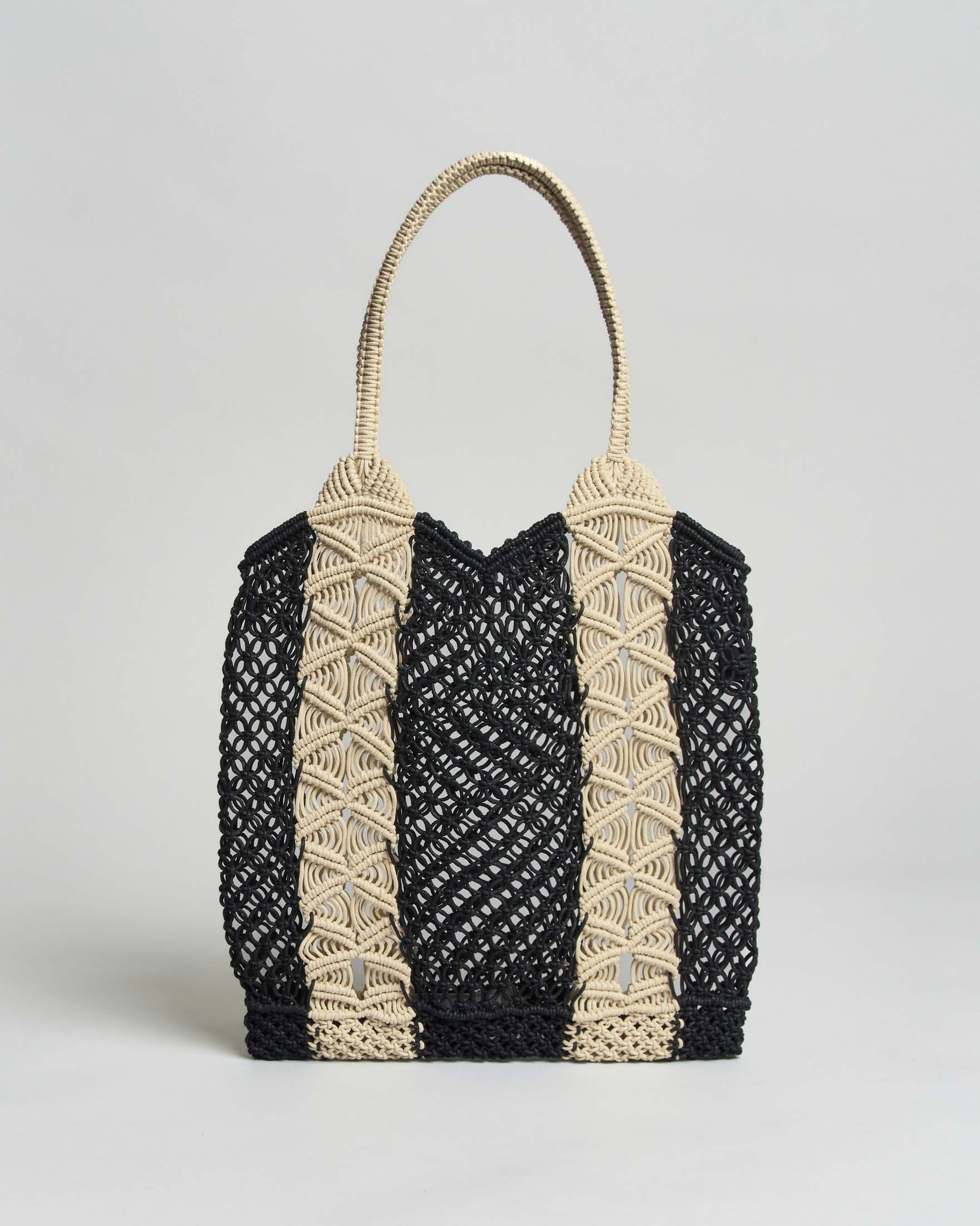Mini tote crochet Raja nera con bande decorate macramé écru