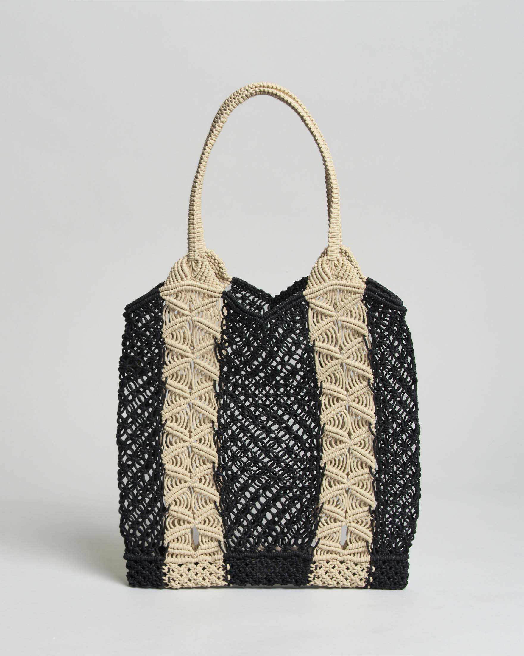 Mini tote crochet Raja nera con bande decorate macramé écru