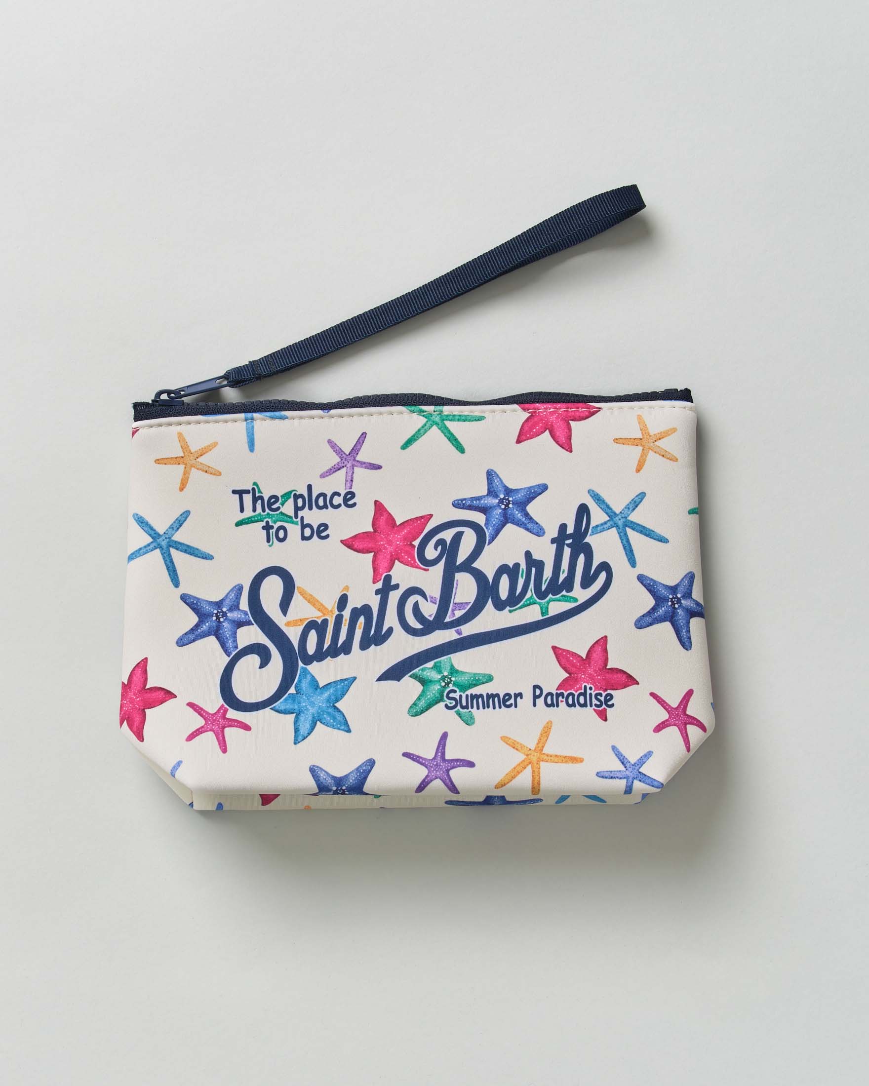 Pochette Aline avorio in scuba fantasia stelle marine e scritta logo stampata