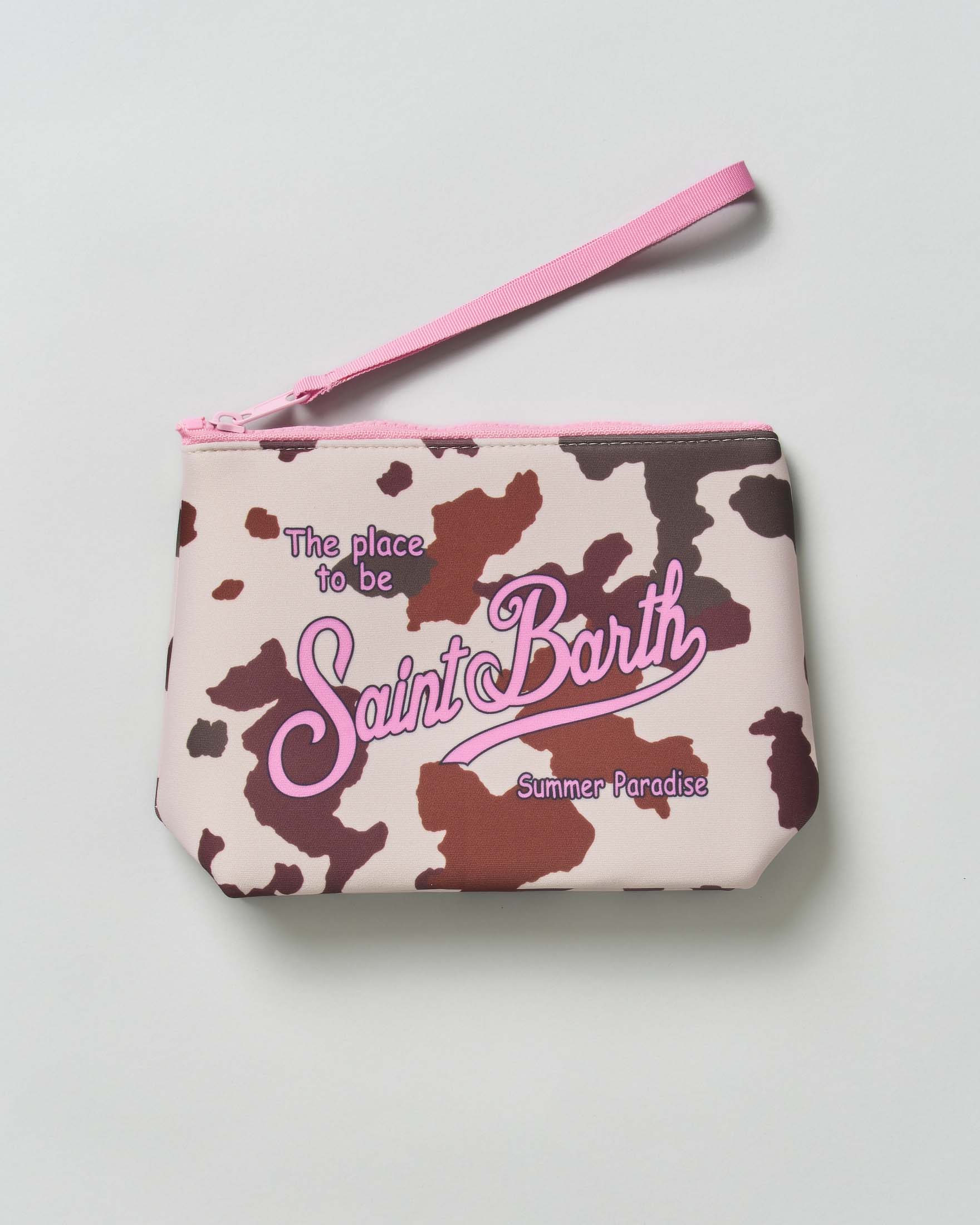 Pochette MC2 Saint Barth Aline avorio in scuba fantasia muccata e scritta logo stampata