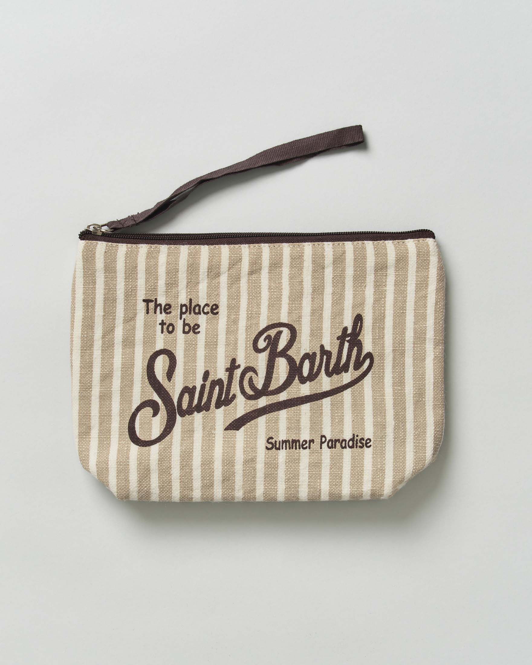 Pochette MC2 Saint Barth Aline a righe beige e avorio in lino e scritta logo stampata