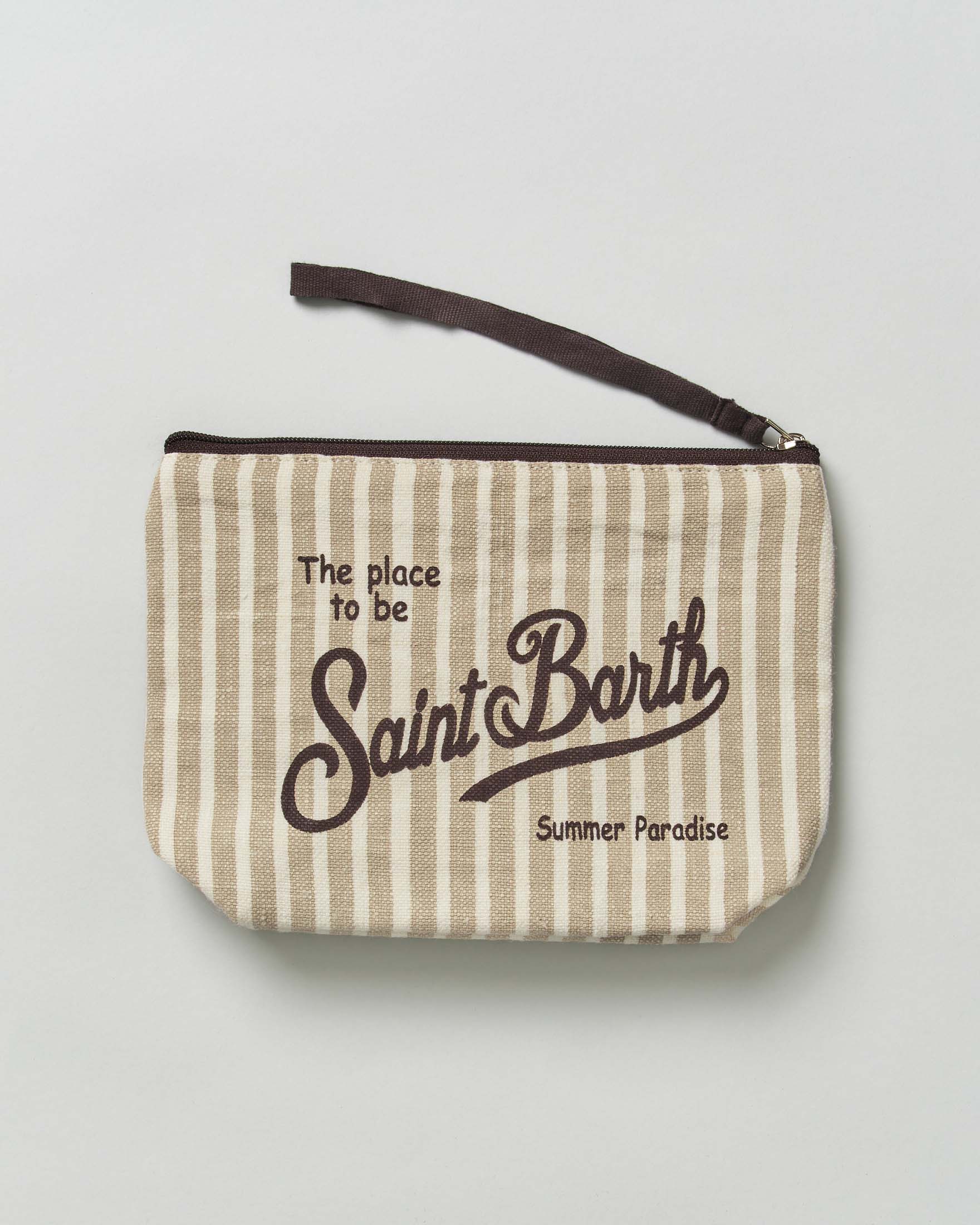 Pochette MC2 Saint Barth Aline a righe beige e avorio in lino e scritta logo stampata image