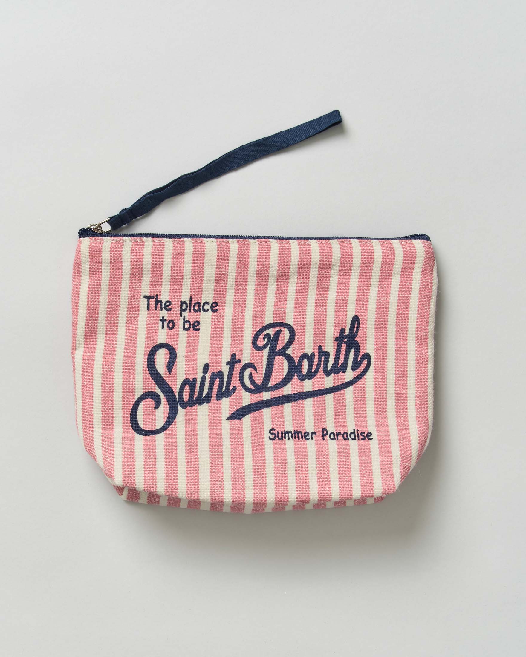 Pochette MC2 Saint Barth Aline a righe rosa e avorio in lino e scritta logo stampata