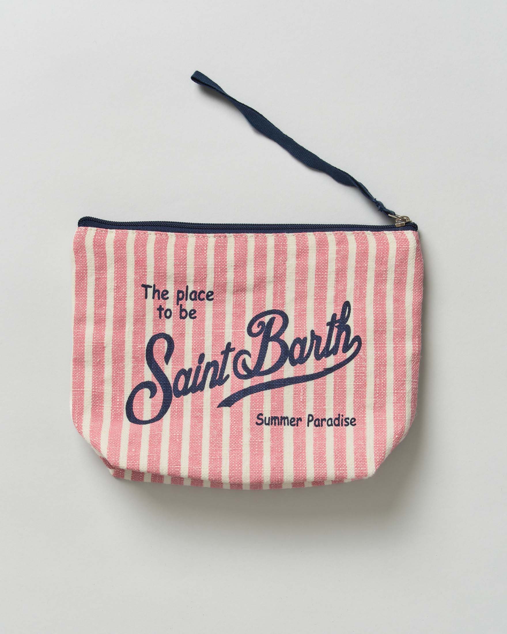 Pochette MC2 Saint Barth Aline a righe rosa e avorio in lino e scritta logo stampata image
