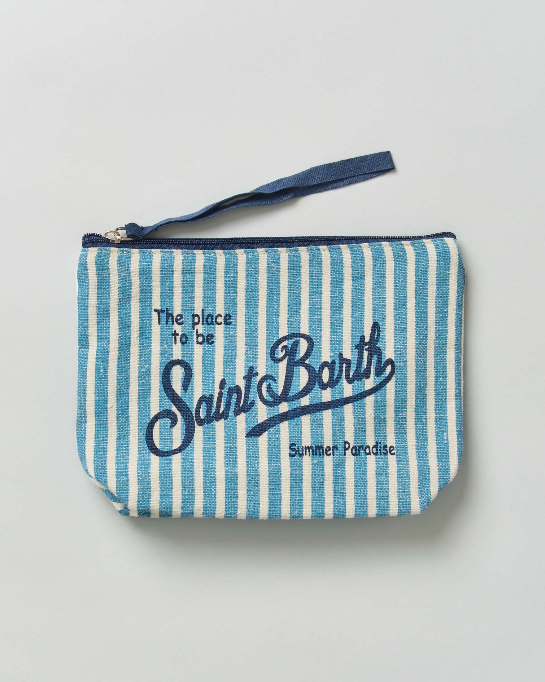 Pochette MC2 Saint Barth Aline a righe azzurre e avorio in lino e scritta logo stampata