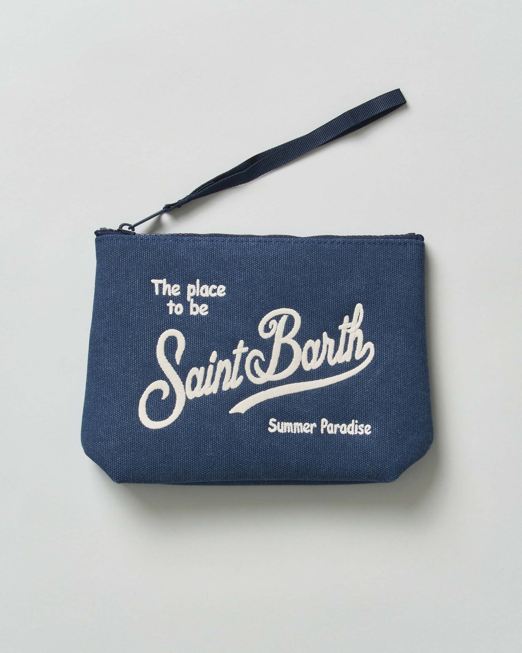 Pochette MC2 Saint Barth Aline in denim blu di cotone e scritta logo stampata