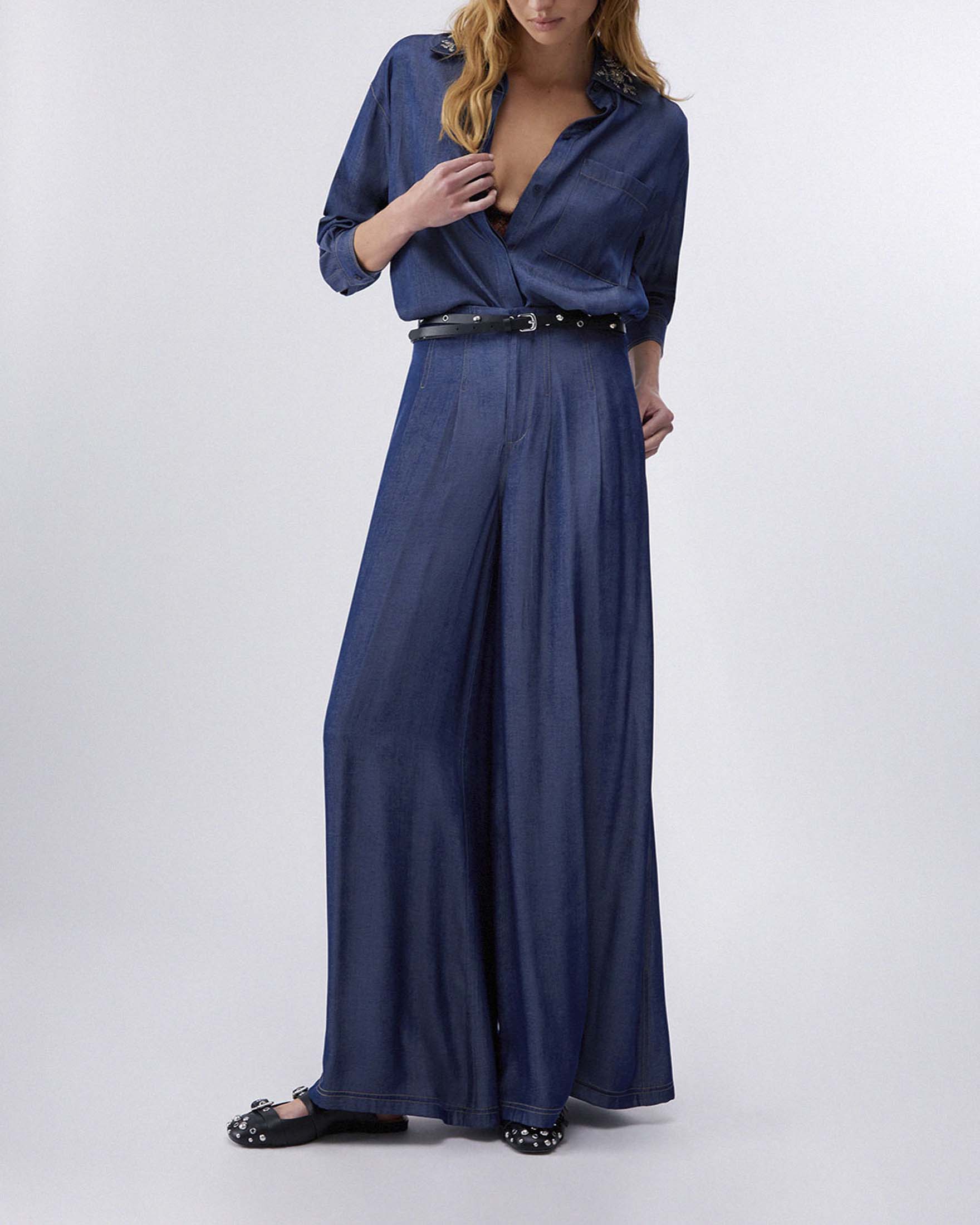 Camicia in denim chambray Liu Jo con colletto ricamato removibile e tasca a toppa sul petto