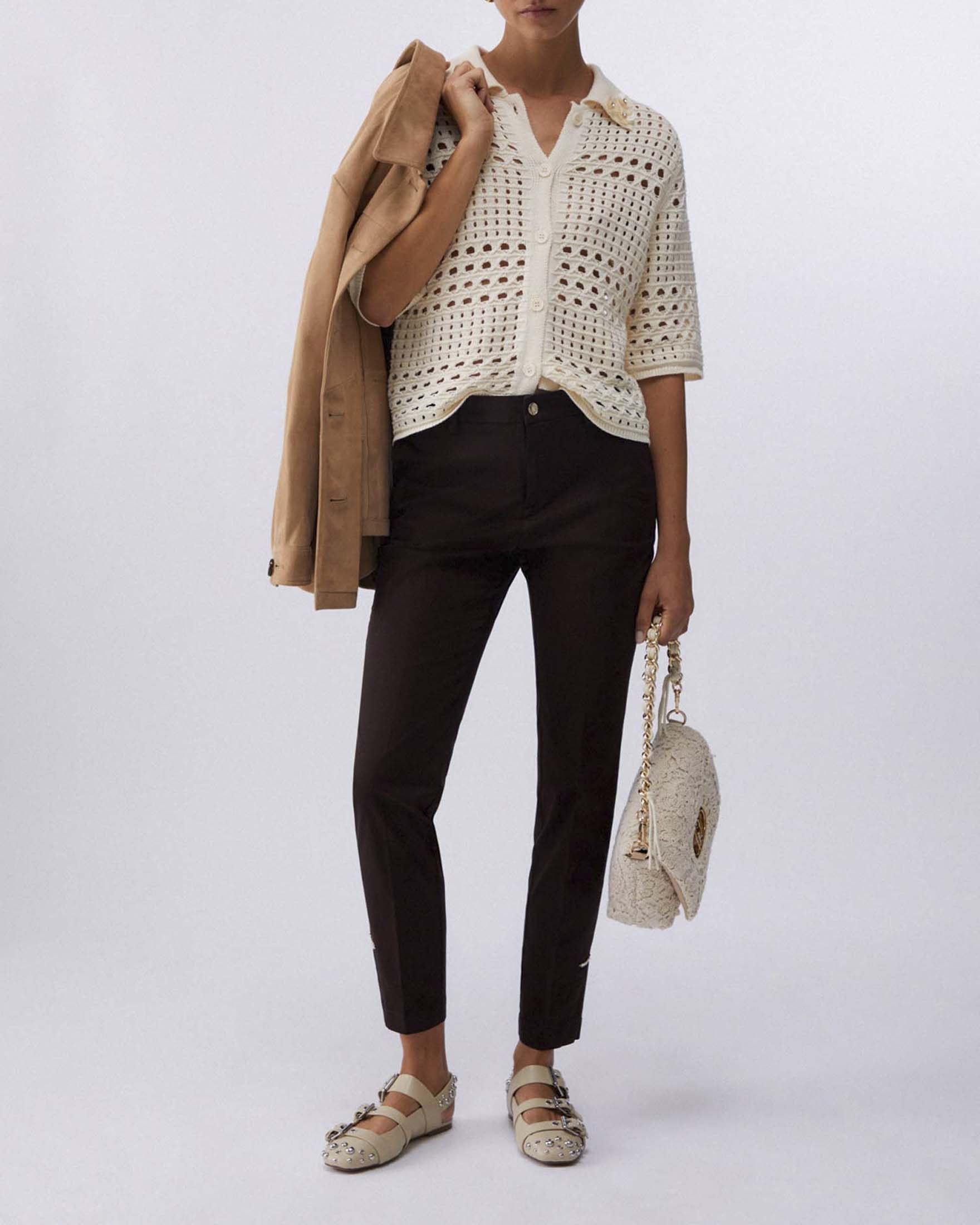 Cardigan maniche corte color avorio Liu Jo in crochet di puro cotone con colletto decorato