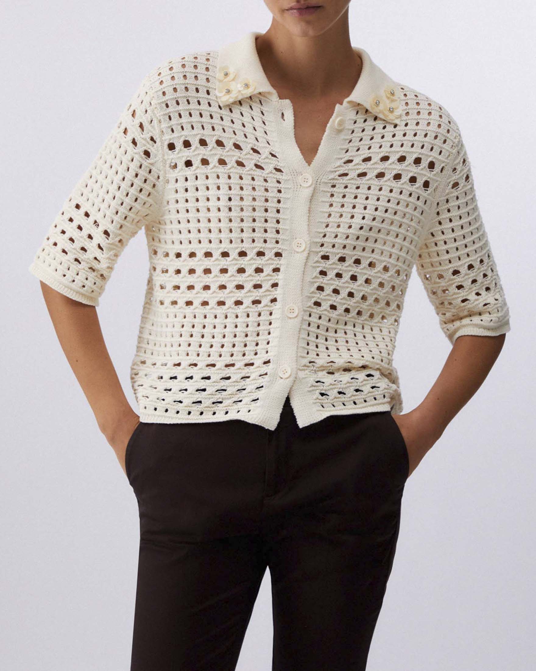 Cardigan maniche corte color avorio Liu Jo in crochet di puro cotone con colletto decorato image