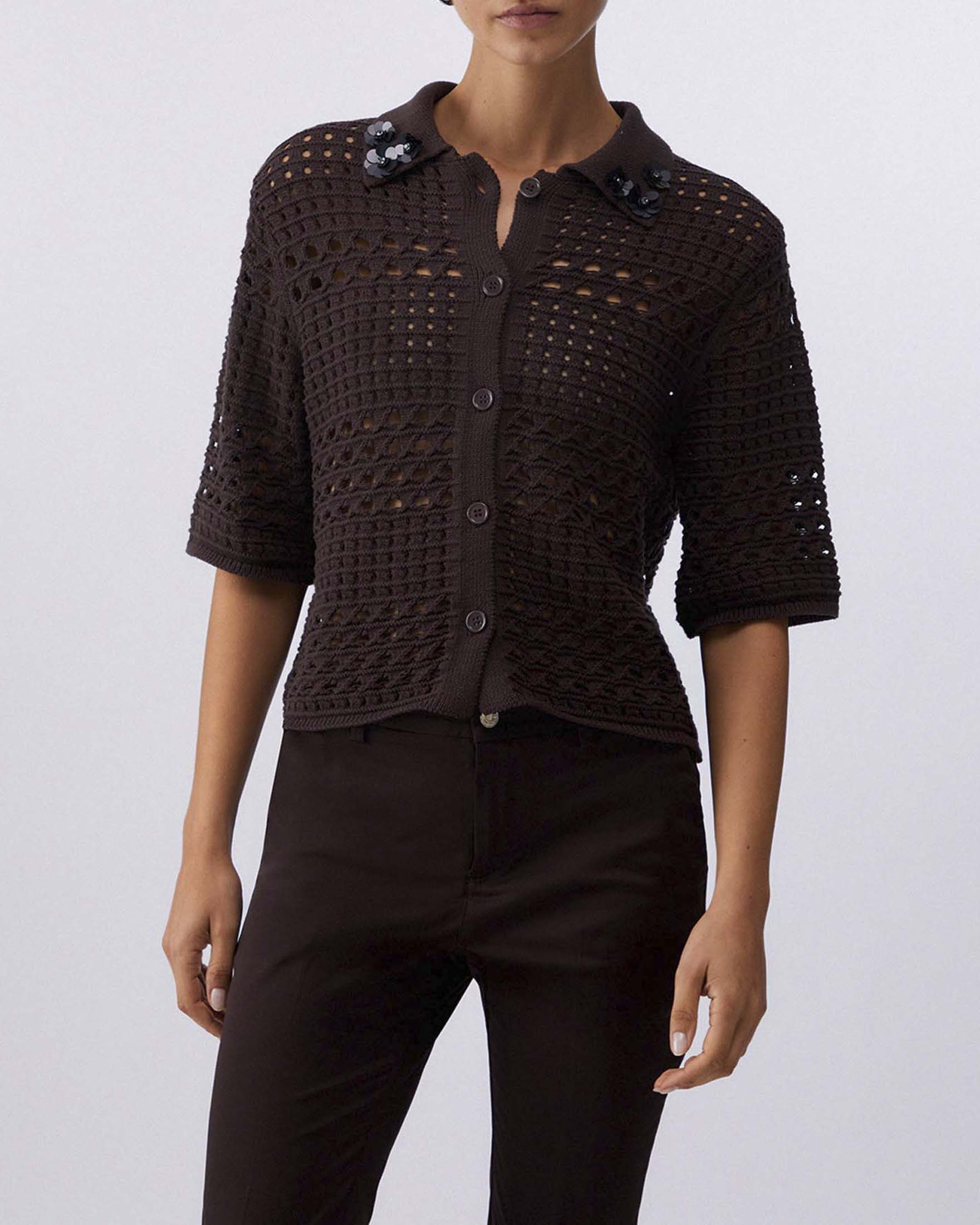 Cardigan maniche corte marrone Liu Jo in crochet di puro cotone con colletto decorato image