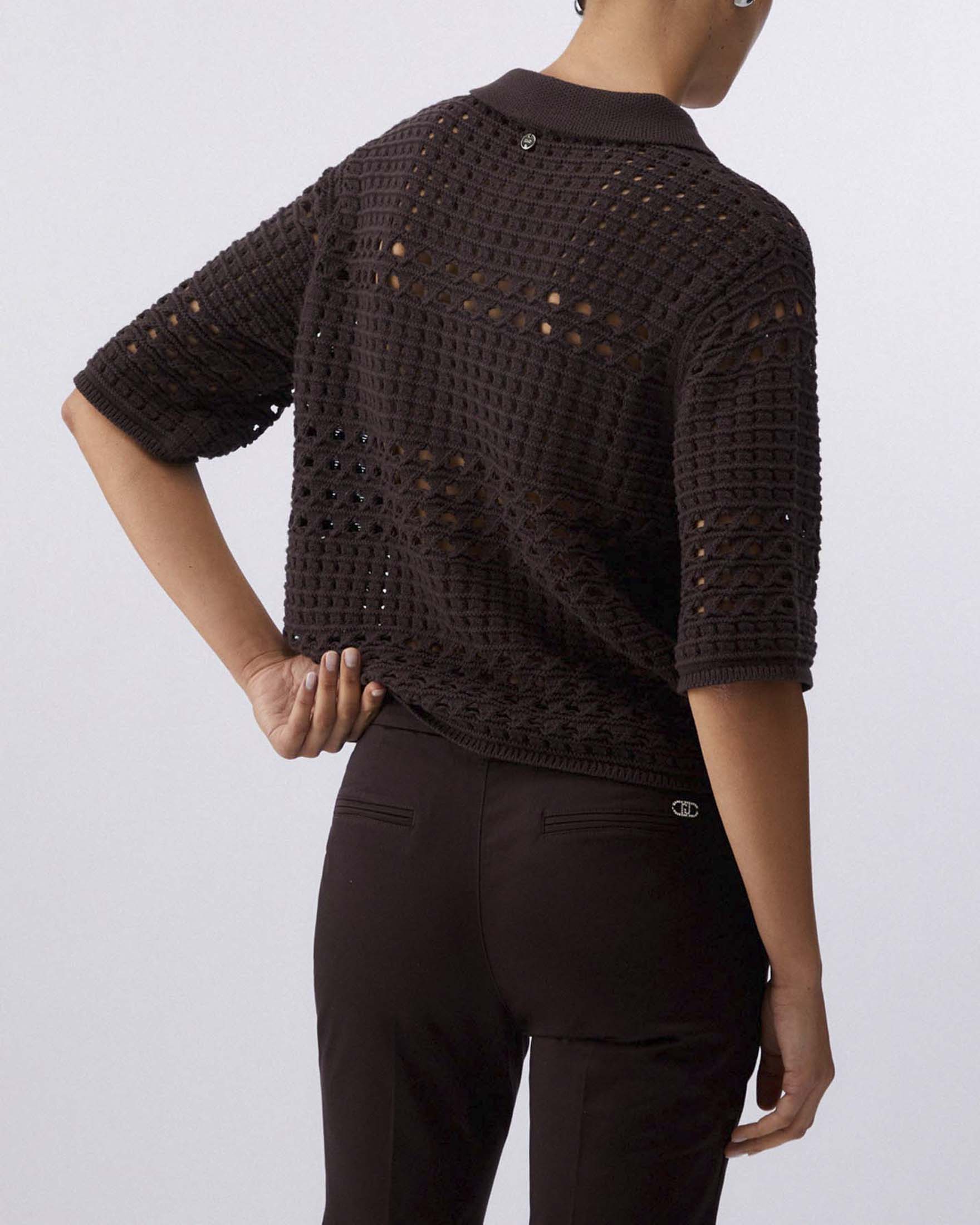 Cardigan maniche corte marrone Liu Jo in crochet di puro cotone con colletto decorato