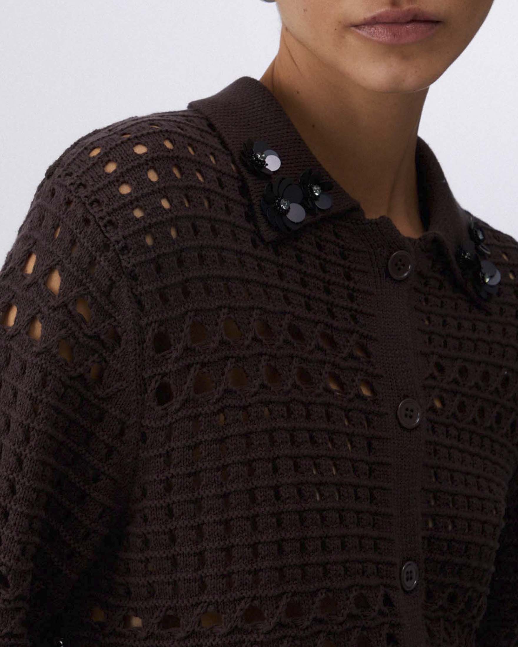 Cardigan maniche corte marrone Liu Jo in crochet di puro cotone con colletto decorato