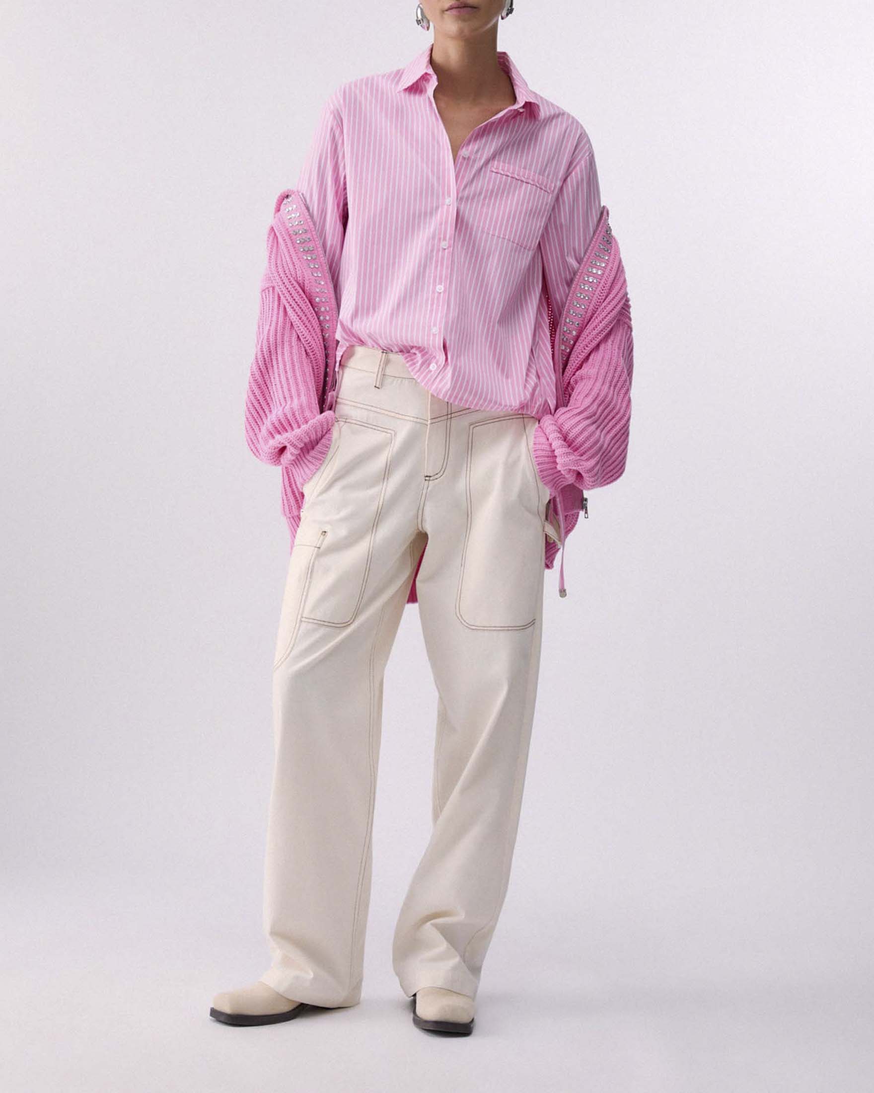 Camicia Liu Jo a maniche corte rosa a righe in popeline con coulisse in vita