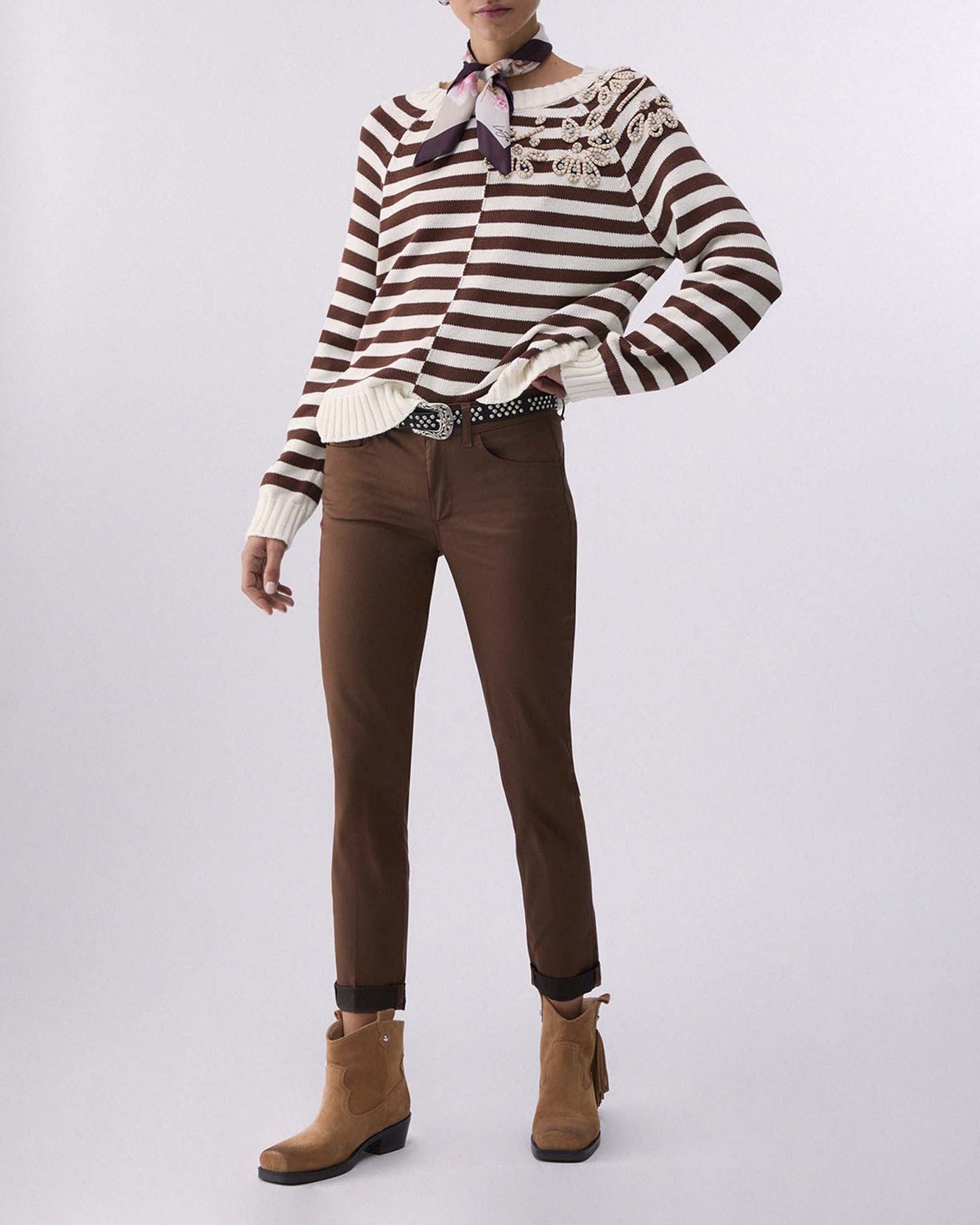 Pantaloni Liu Jo skinny cropped cammello in cotone con risvolto