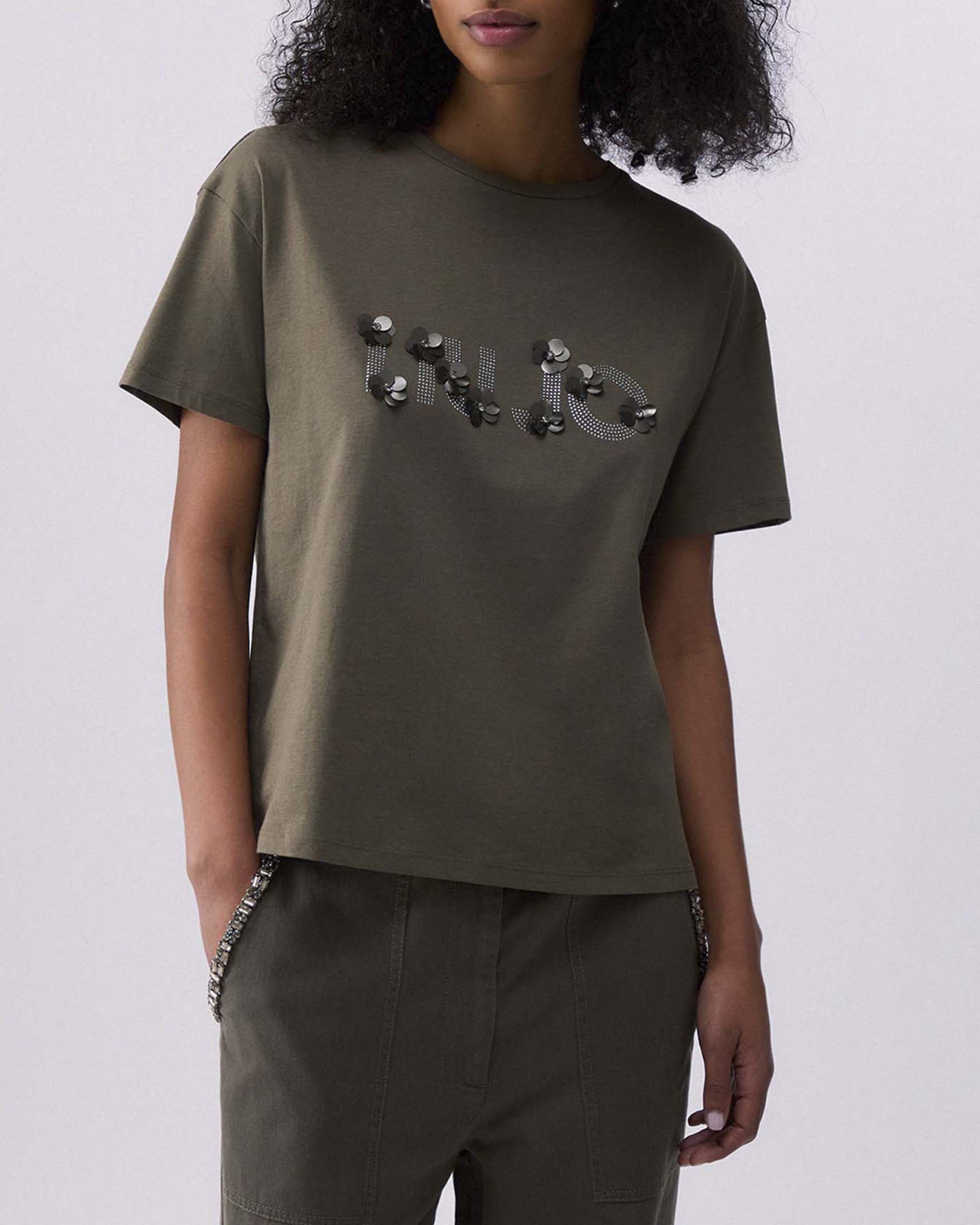 T-shirt Liu Jo verde militare a maniche corte con logo e applicazioni gioiello floreali image