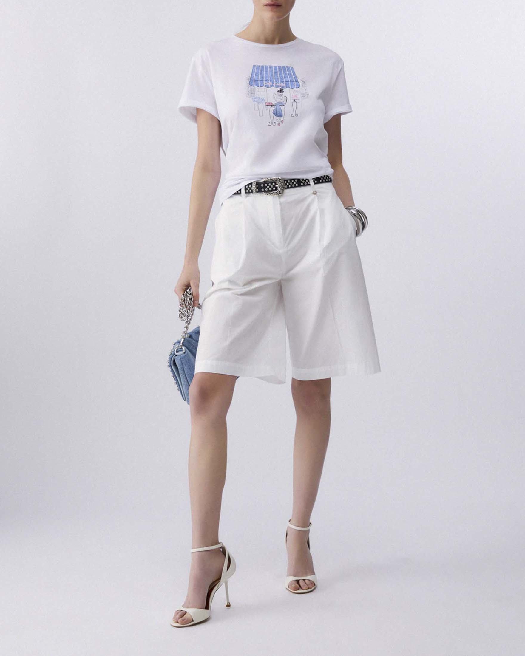 T-shirt Liu Jo bianca con stampa azzurra caffetteria e strass applicati