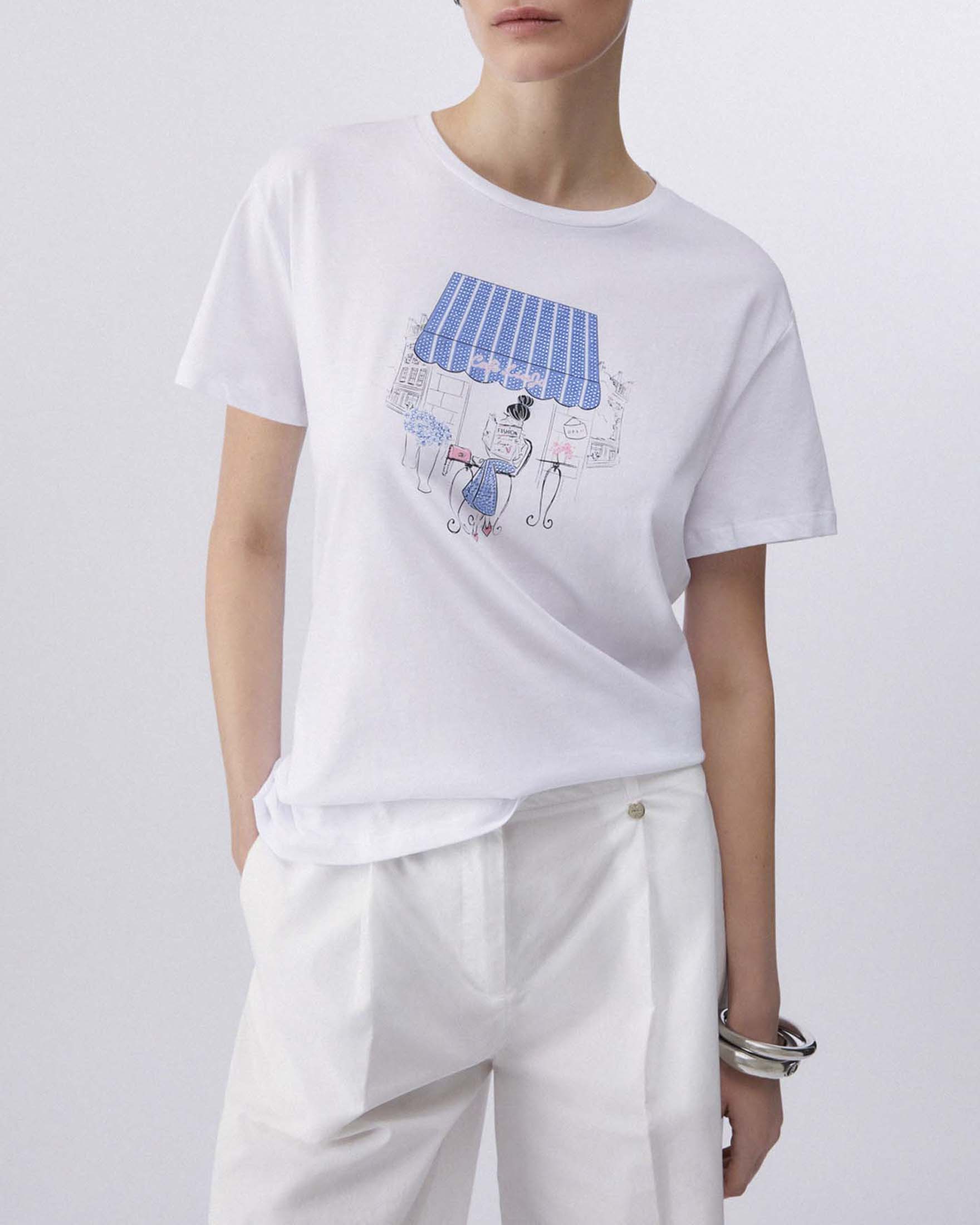 T-shirt Liu Jo bianca con stampa azzurra caffetteria e strass applicati image