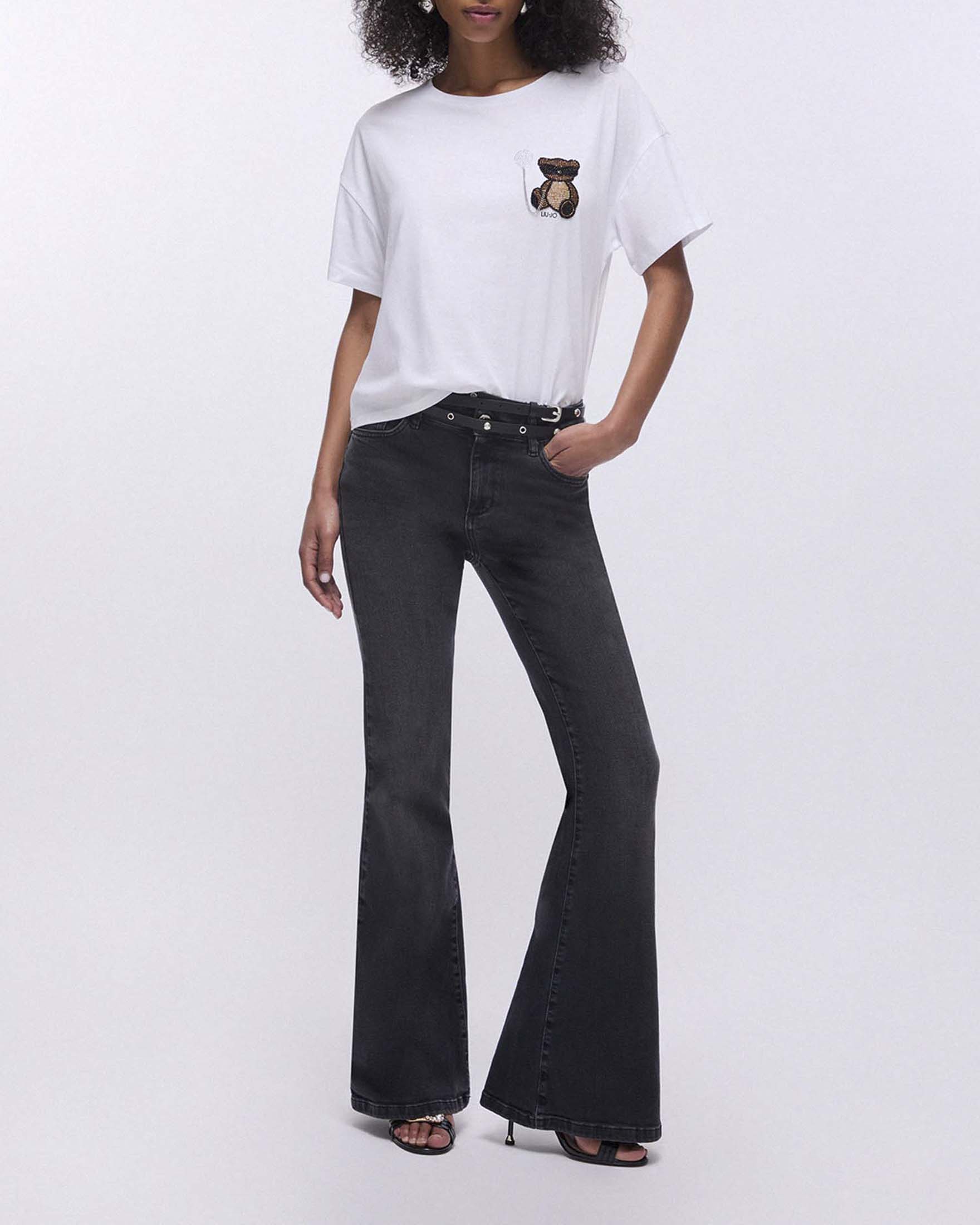 T-shirt Liu Jo bianca con ricamo orsetto marrone e strass applicati