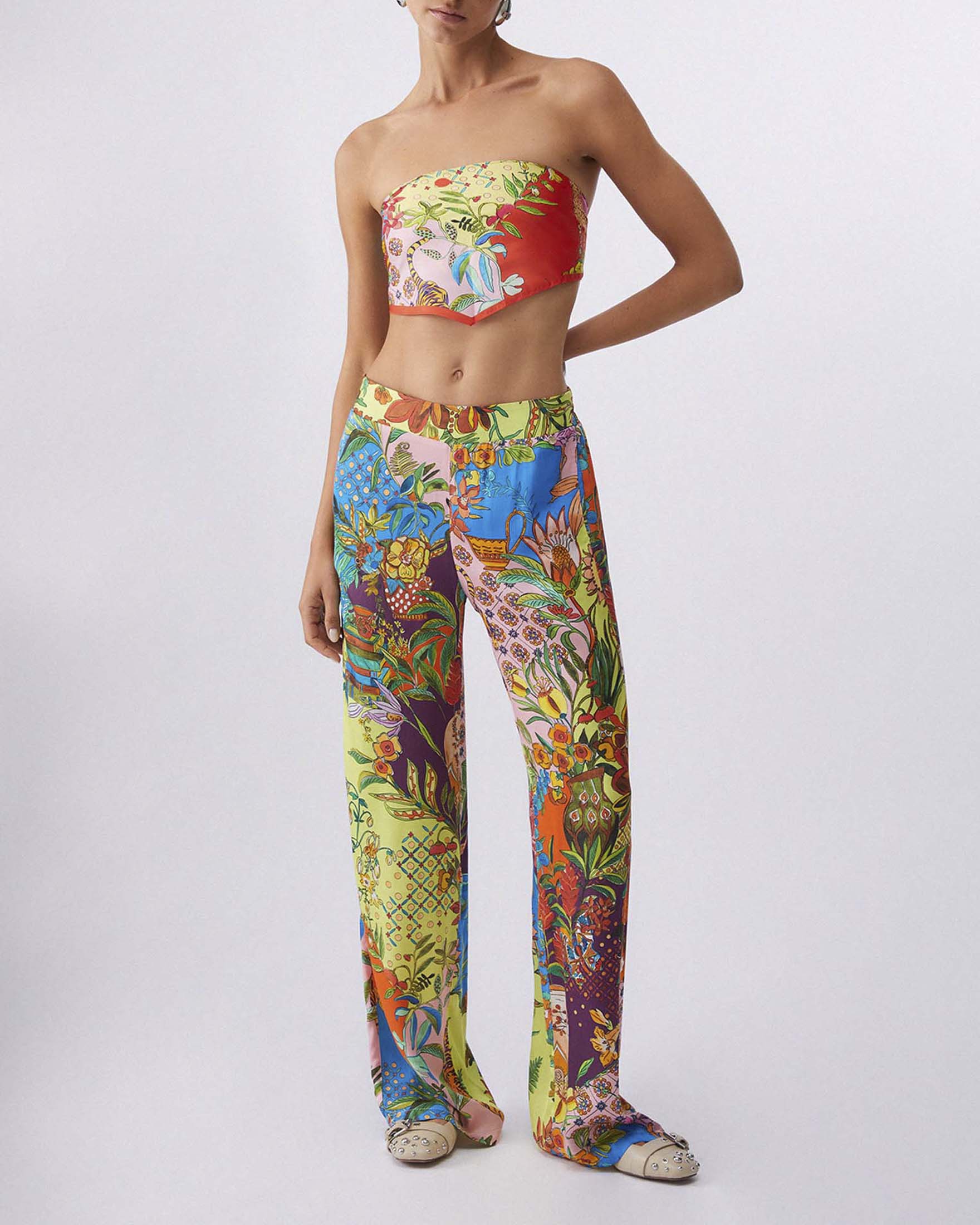 Pantaloni Liu Jo in raso stampato multicolor a fantasia tropicale
