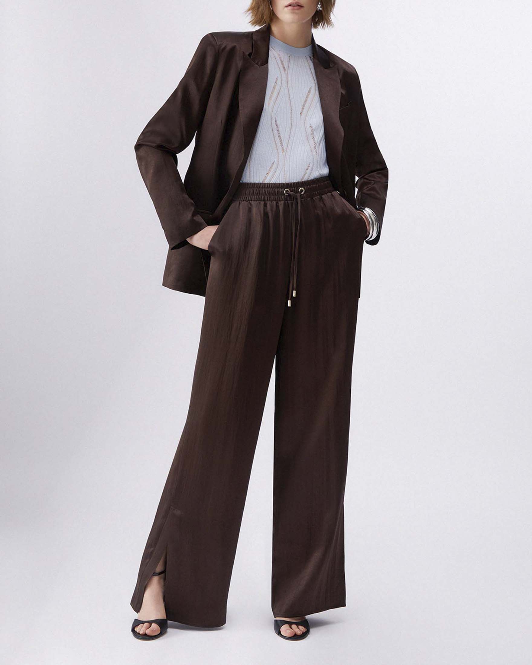 Pantaloni Liu Jo marroni in raso con spacchetti e coulisse in vita