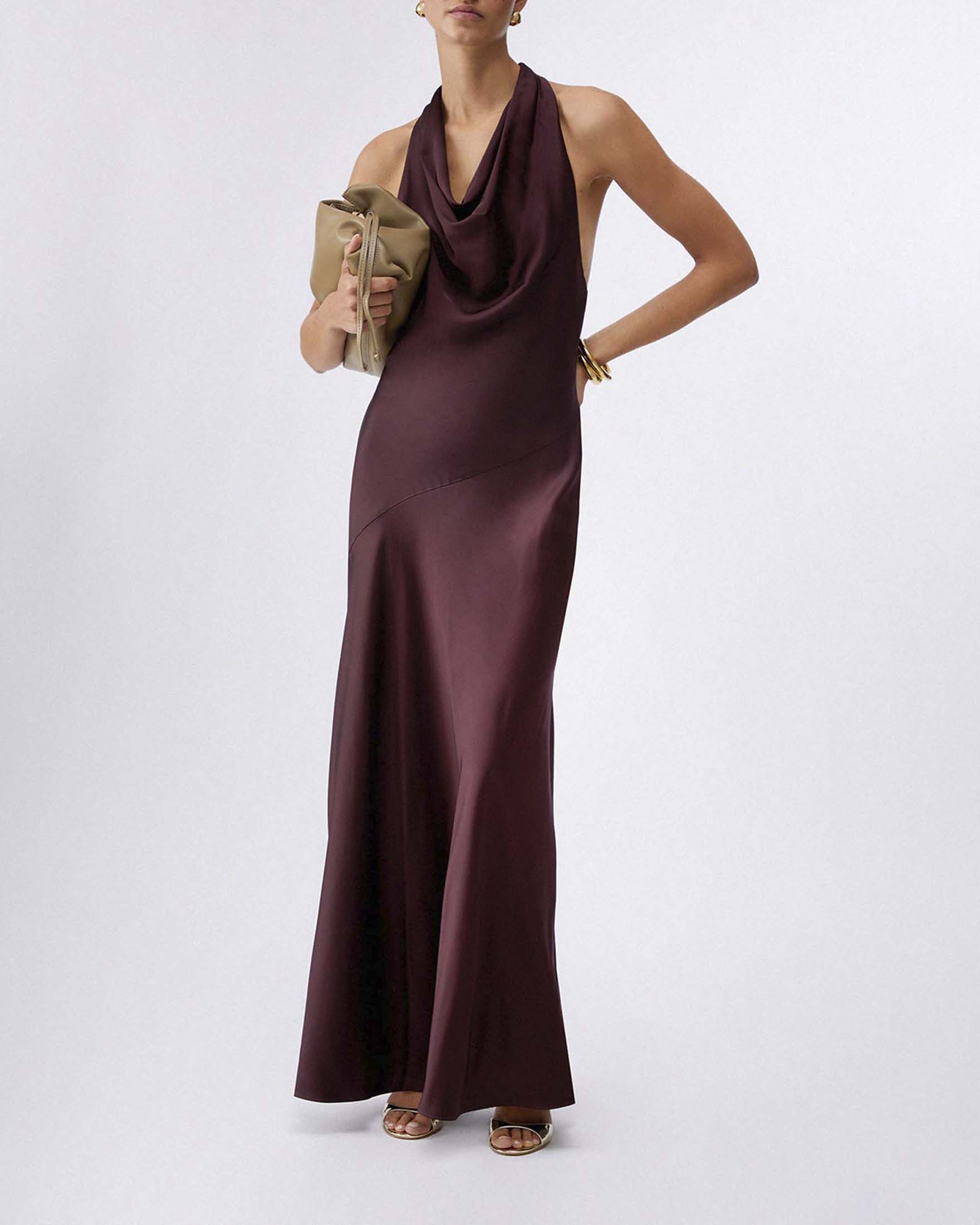 Abito lungo Liu Jo marrone in raso con scollo halter e incrocio sul retro