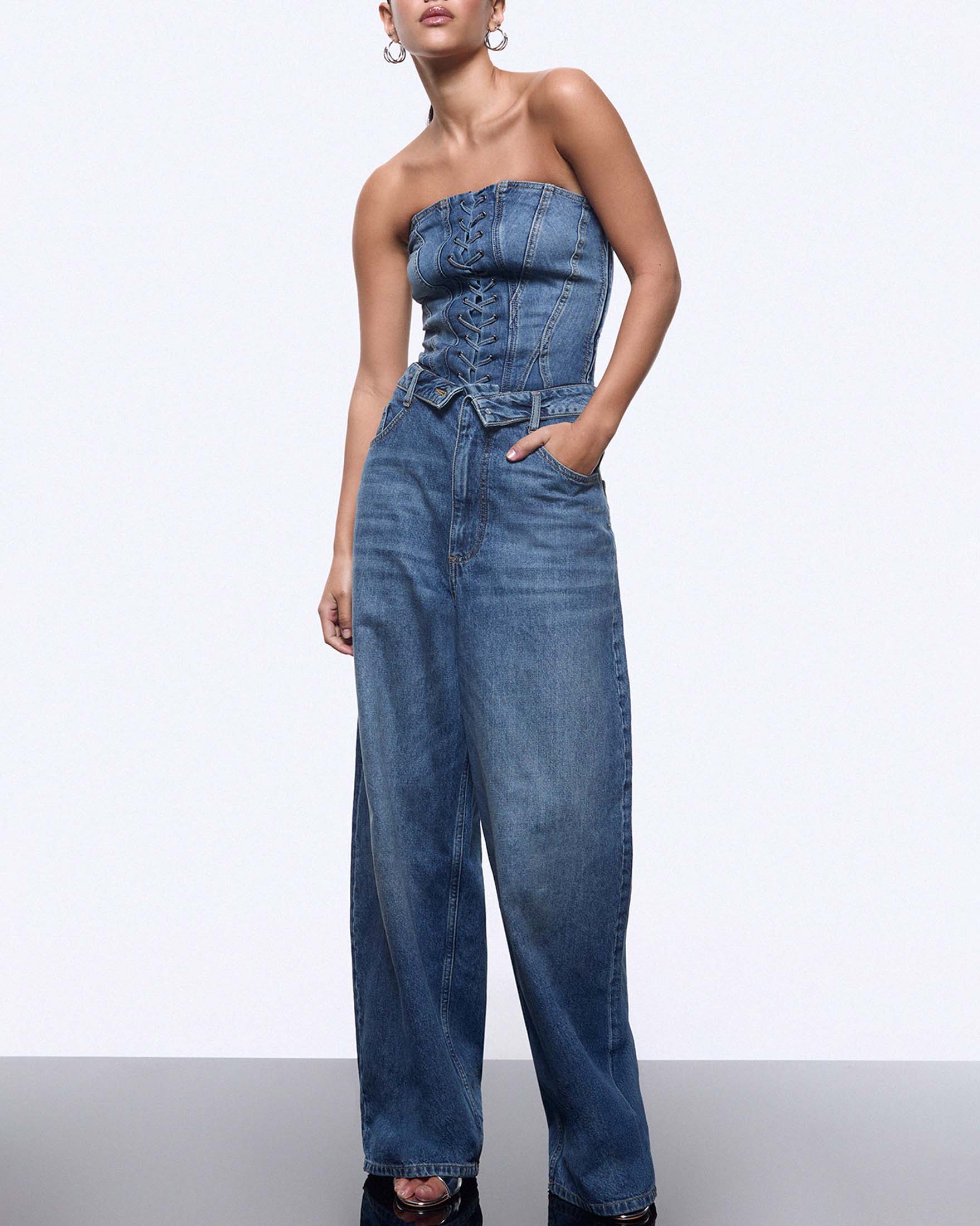 Top bustier Elodie x Liu Jo in denim stretch con dettagli lace-up e chiusura zip laterale